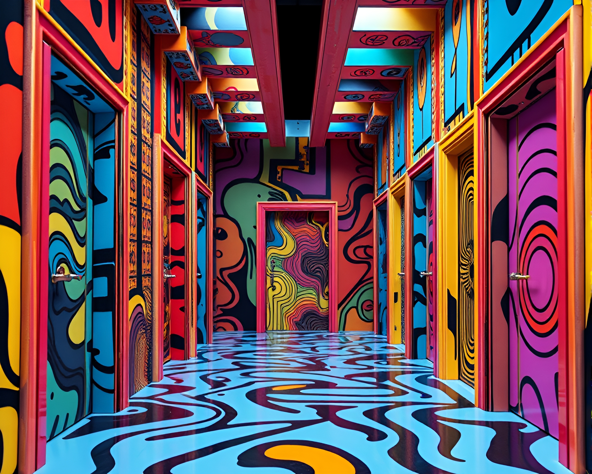 Vibrant Pop Art Labyrinth with Colorful Doors – free AI stock image