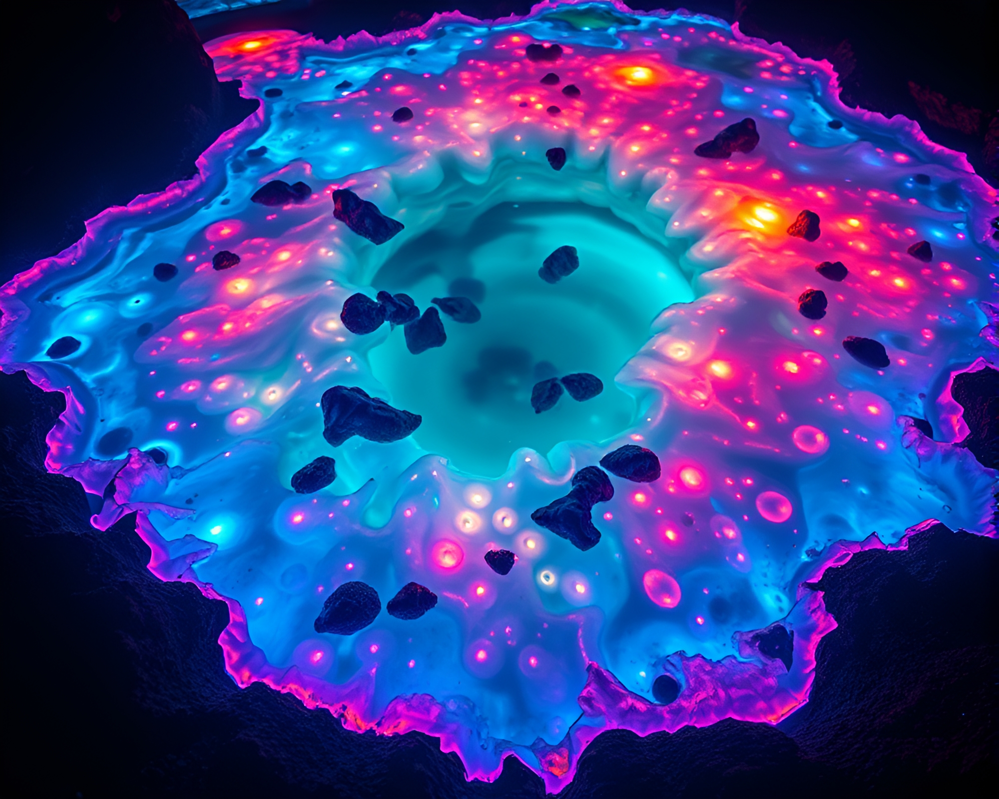 Surreal Bioluminescent Tide Pools Amid Modern Art Display – free AI stock image