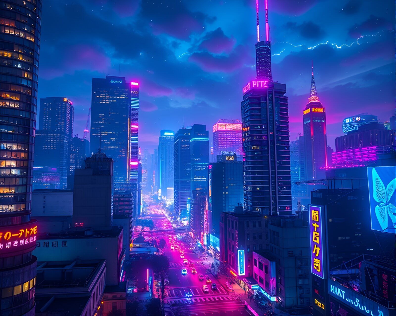 Surreal cityscape glowing with bioluminescence and neon signs at night