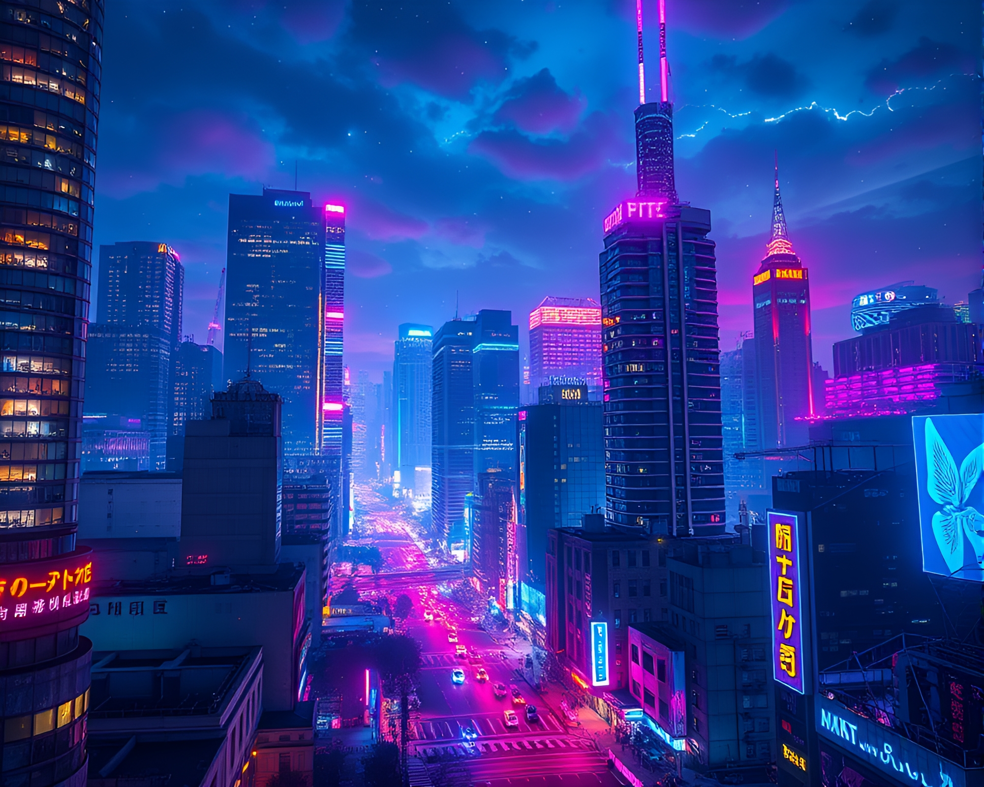 Captivating Bioluminescent Urban Night Skyline Illuminated by Neon Lights – free AI stock image