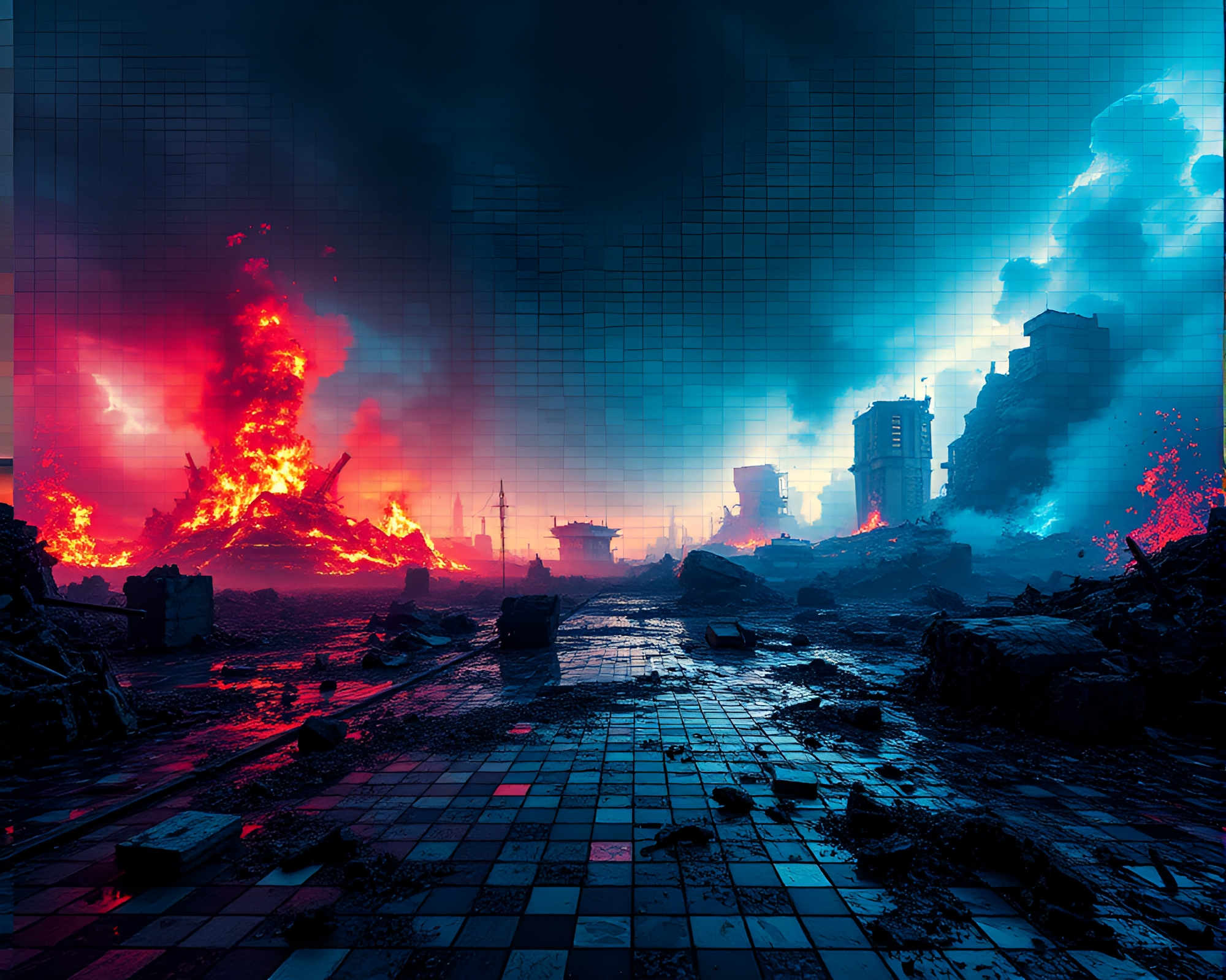 Intricate Time-Lapse Mosaic: Apocalyptic Destruction and Rebirth – free AI stock image