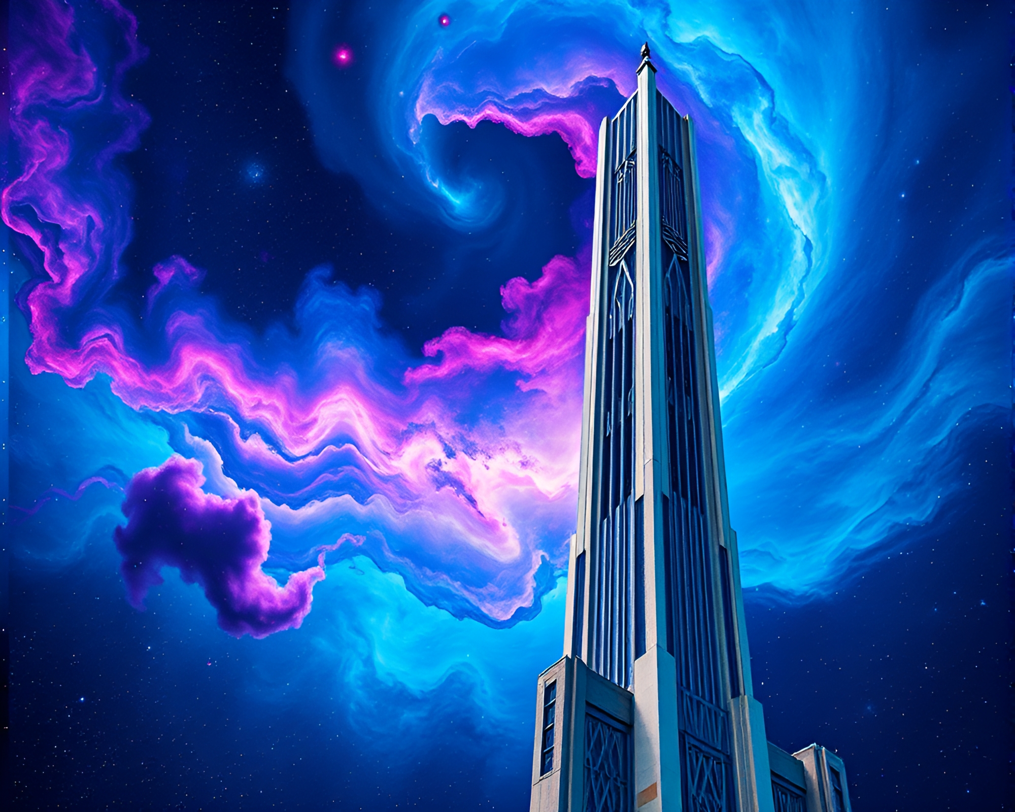 Awe-Inspiring Cosmic Nebula and Intricate Art Deco Structure – free AI stock image