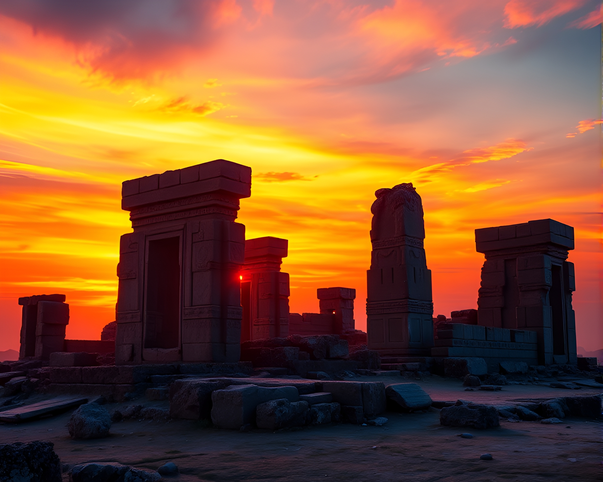 Mystical Monolithic Ruins Awash in Sunset’s Glow – free AI stock image