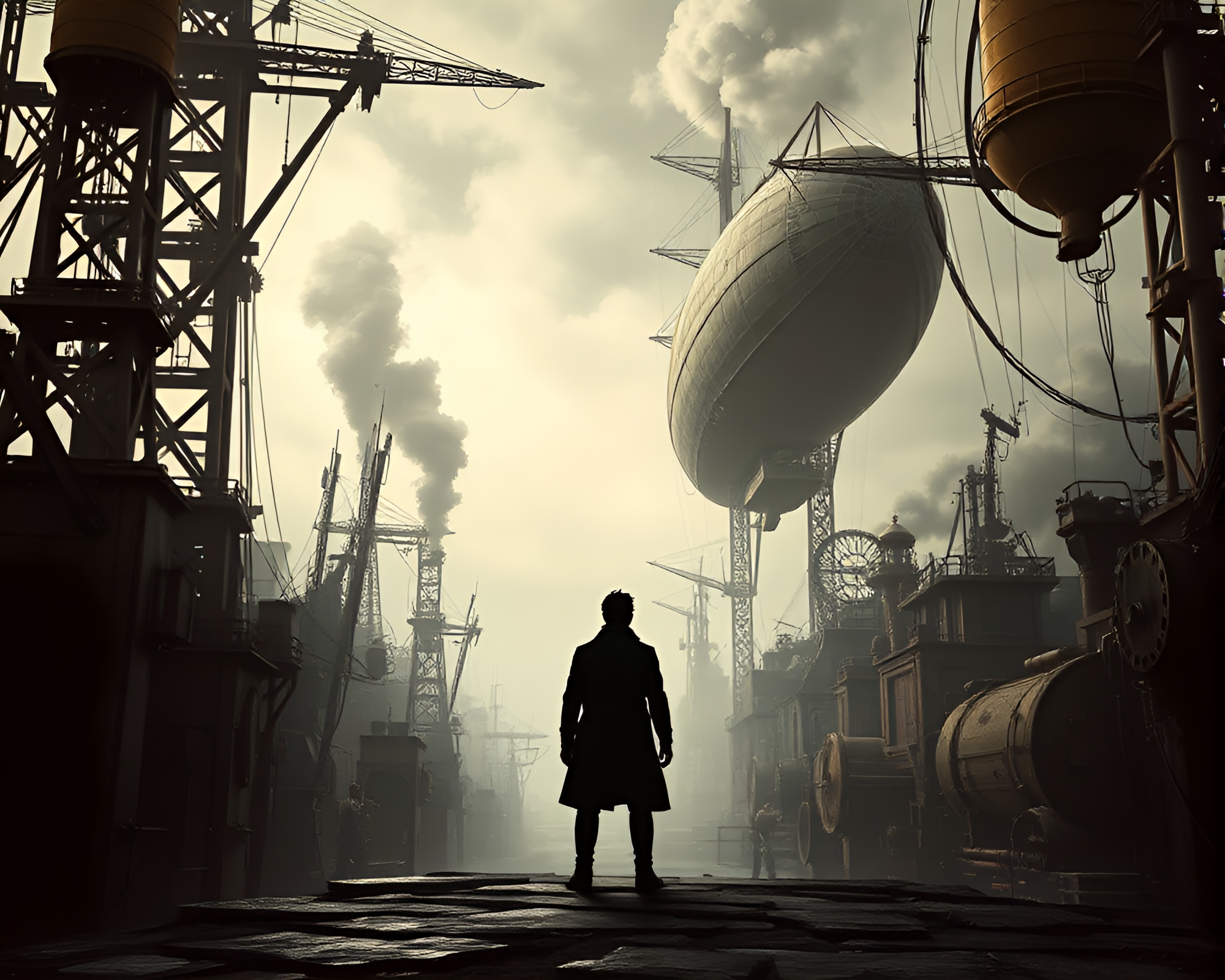 Lone figure gazes in melancholic steampunk airship port – free AI stock image