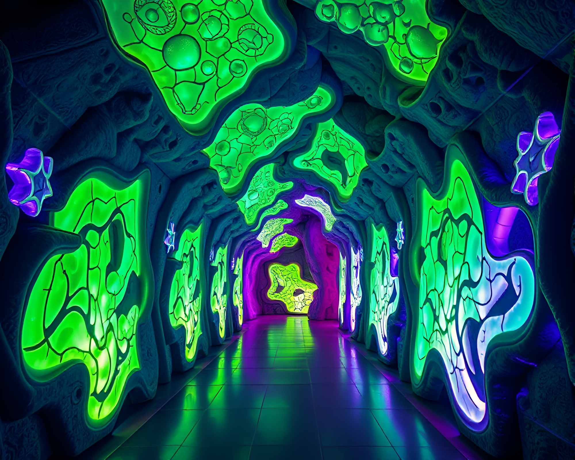 Enchanting Bioluminescent Time Warp Art in Futuristic Corridor – free AI stock image