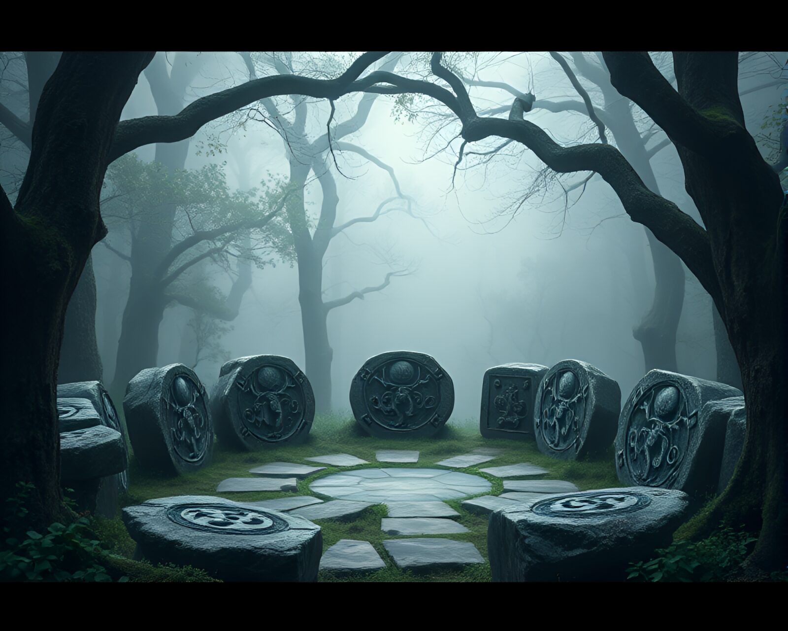 Mysterious stone circle with nature carvings in dark forest.