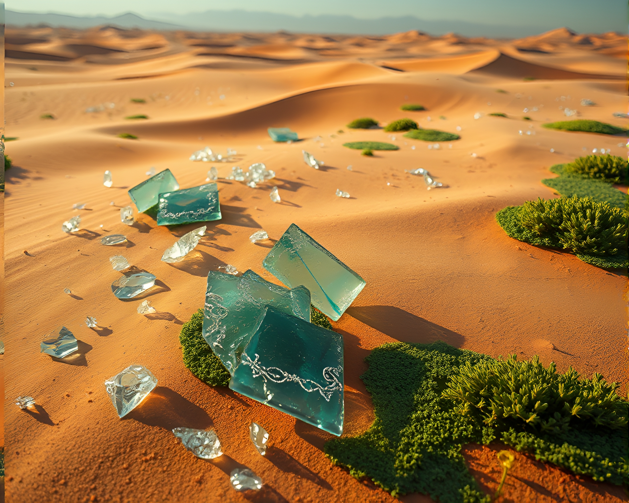 Surreal Desert Oasis with Shimmering Glass and Floral Embroidery – free AI stock image