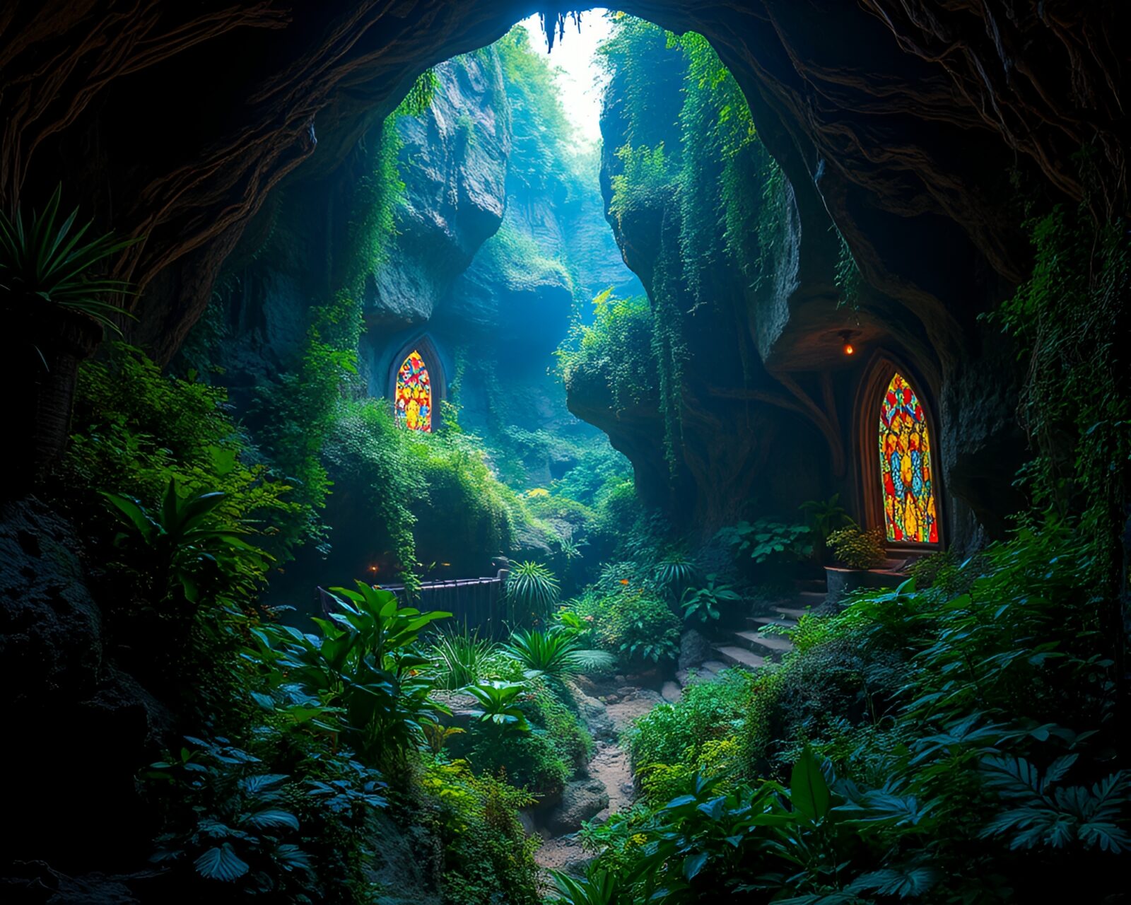 Colorful light through stained glass on lush ice cavern