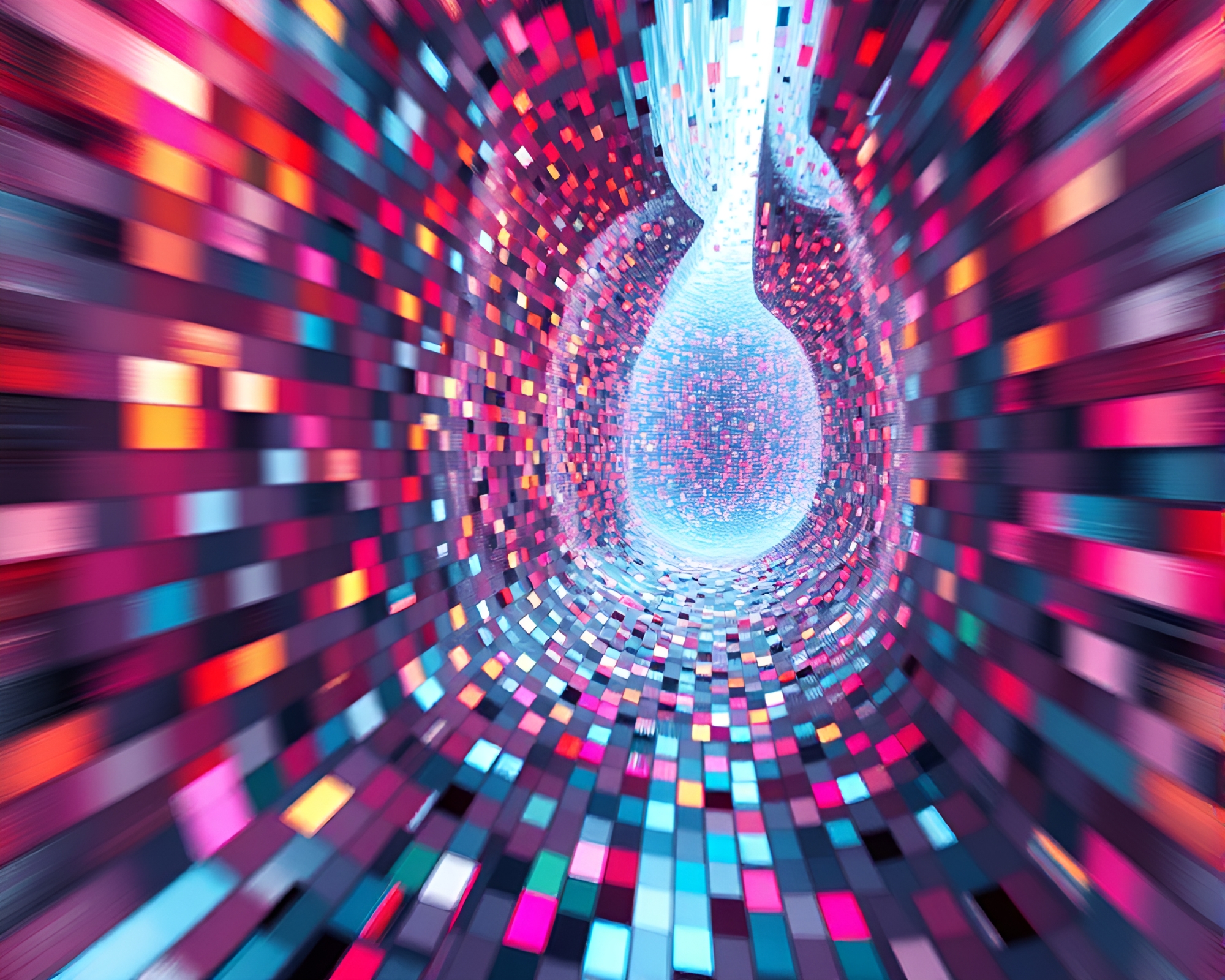 Fragmented glitch realm: chaotic mosaic landscape – free AI stock image