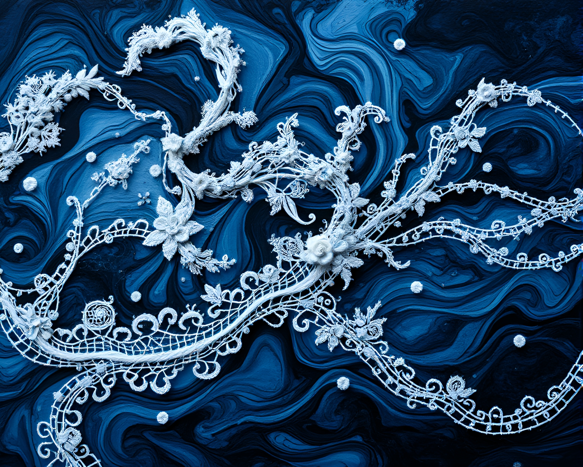 Enchanting Swirling Ink Ocean with Delicate Embroidery Patterns – free AI stock image