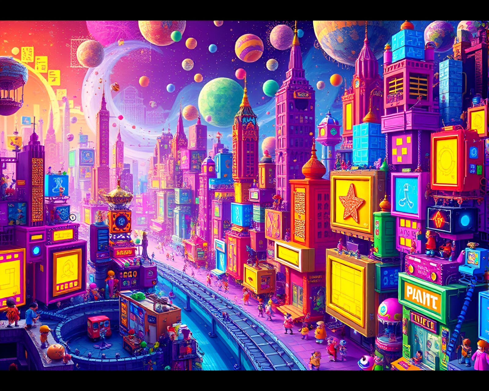 Intricate fractal city grid with lively 8-bit characters