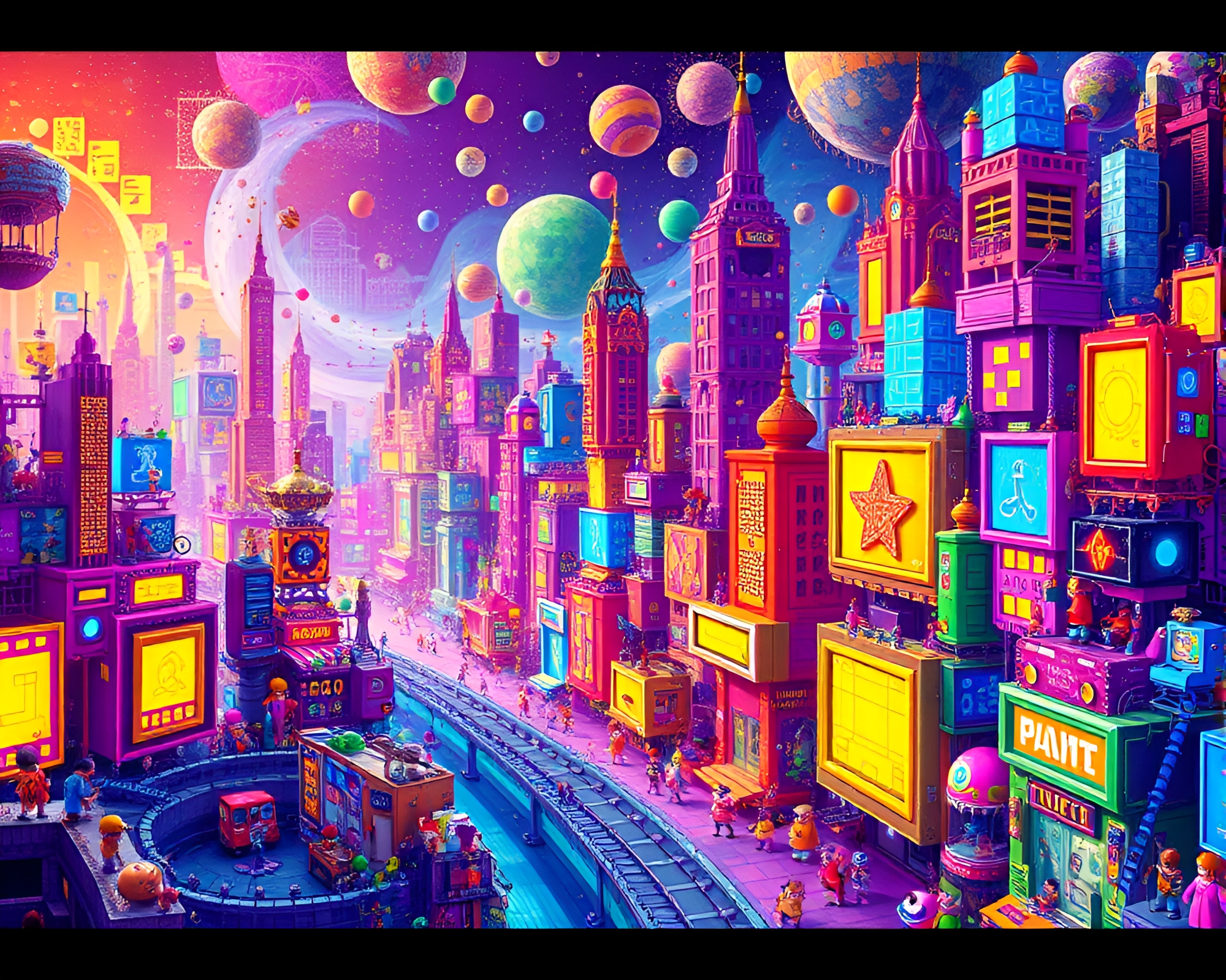Vibrant Fractal Cityscape with 8-Bit Glitch Characters – free AI stock image