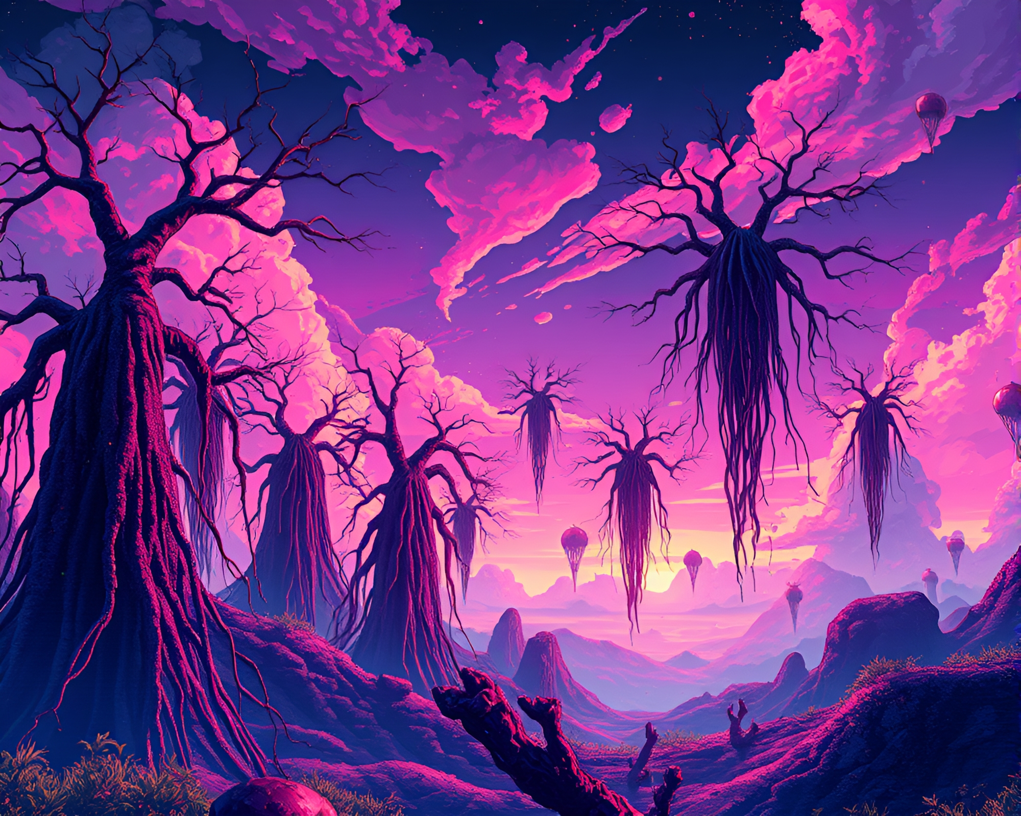 Ethereal Roots: A Surreal Pixelated Landscape – free AI stock image
