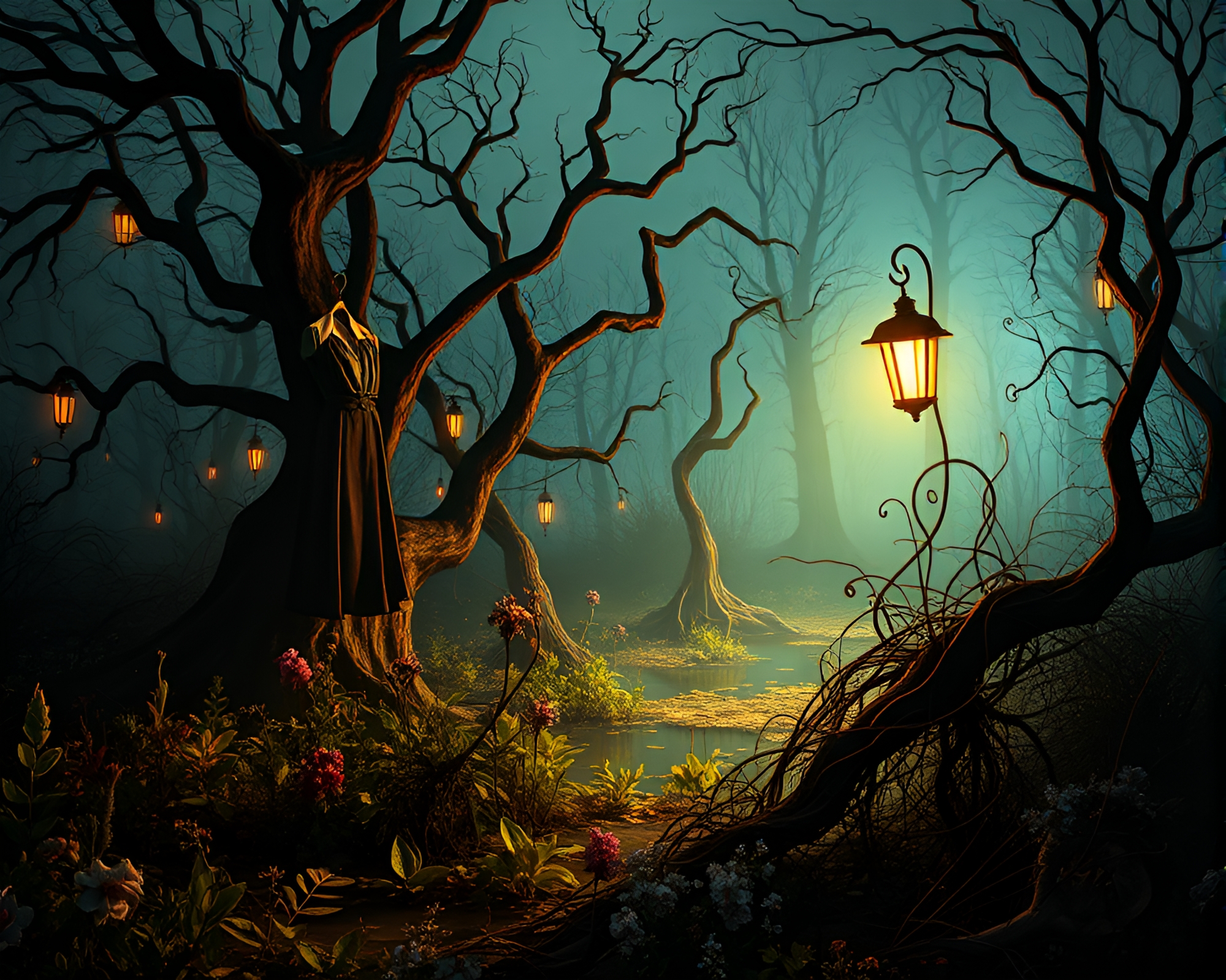 Eerie and Surreal Phantasmal Marsh Fashion Scene – free AI stock image