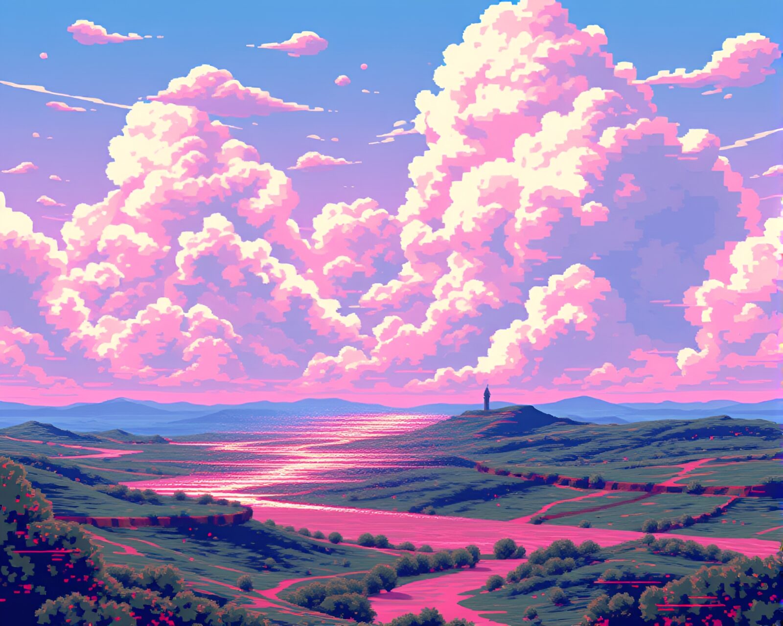 Pixelated clouds and digital distortion in glitch art landscape