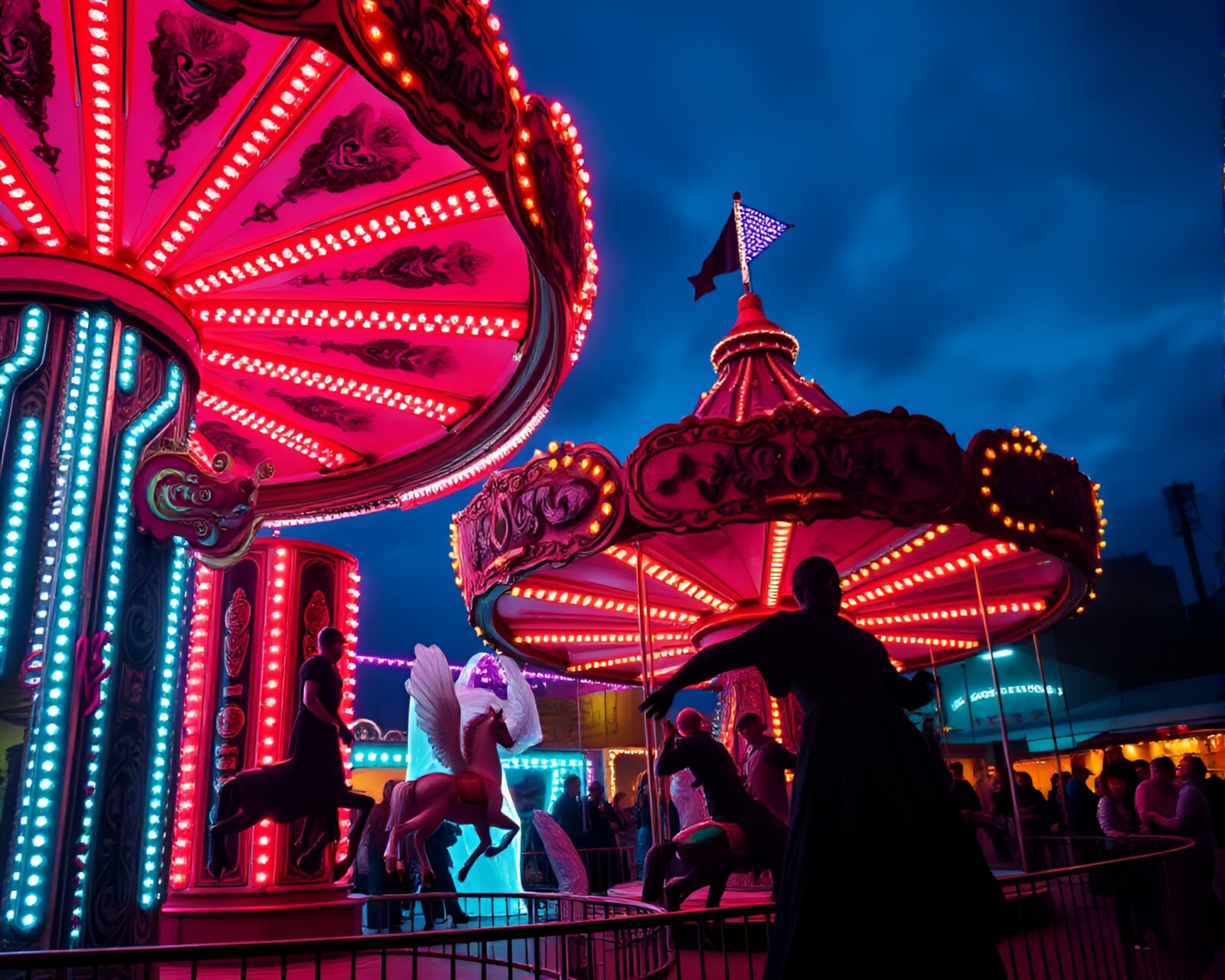 Spooky haunted carousel and eerie performers at dusk