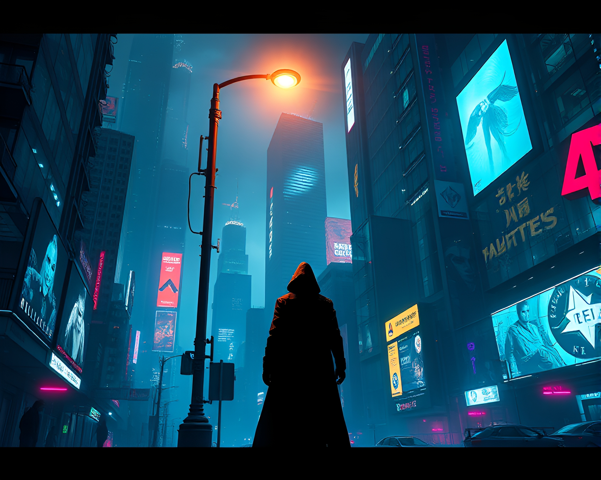 Futuristic Cyberpunk Cityscape with Mysterious Figure Under Streetlight – free AI stock image