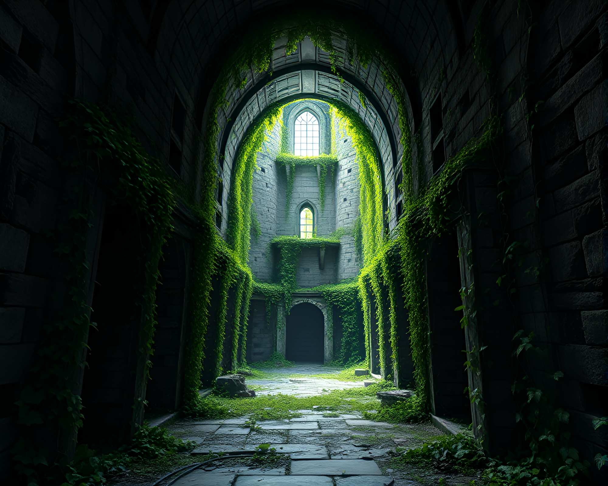 Abandoned Fortress Overgrown with Ivy in Darkness – free AI stock image