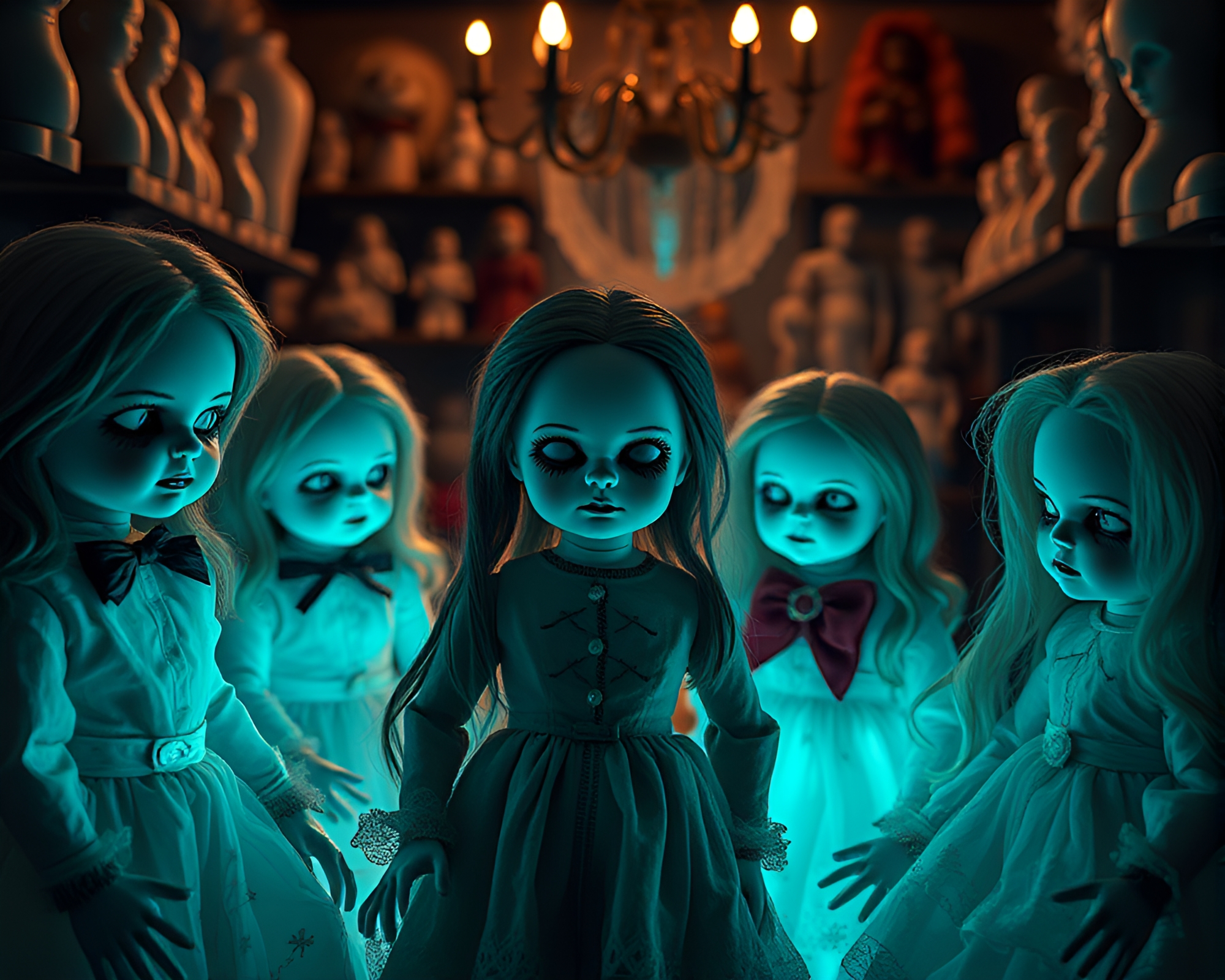 Ethereal Bioluminescent Dolls Illuminate Ancient Workshop – free AI stock image