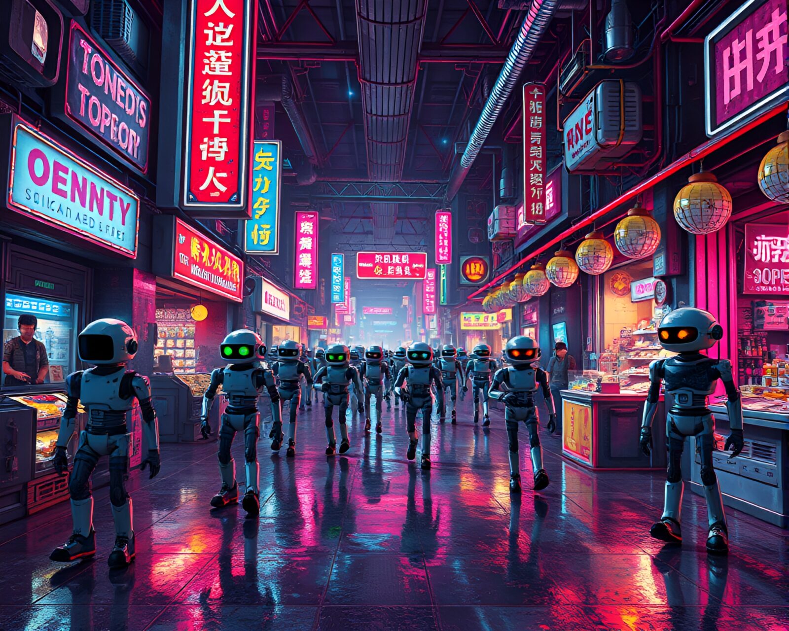 Neon-lit androids in glitch art marketplace with vibrant colors