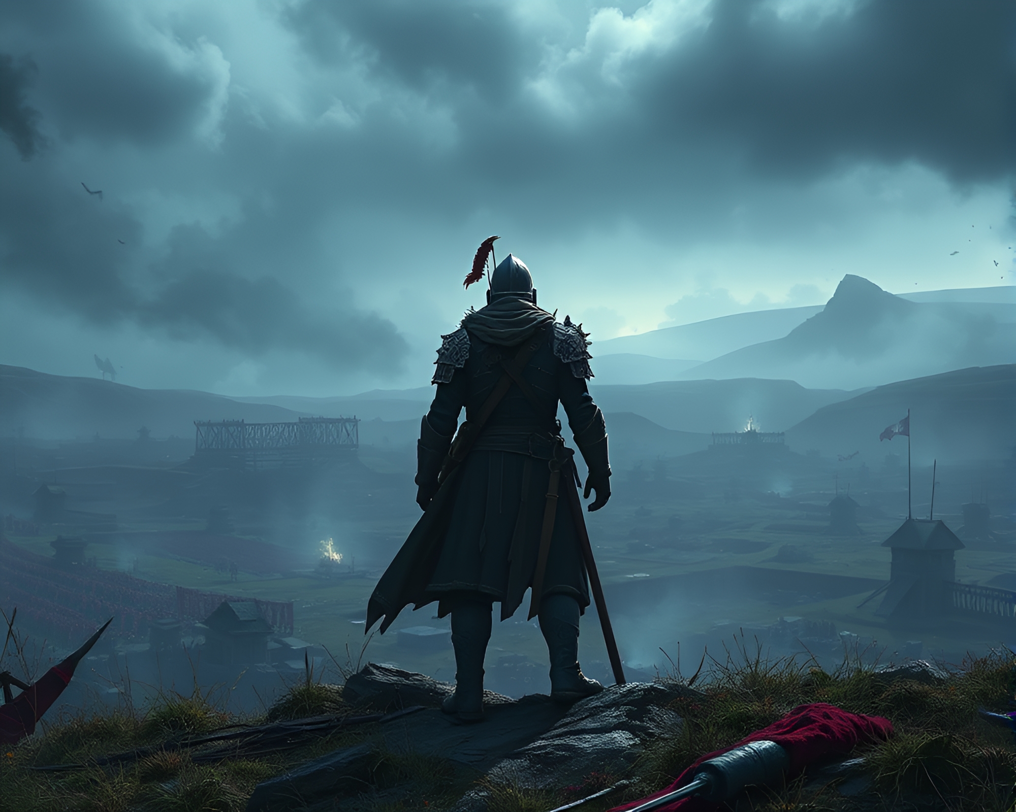 Spectral Warrior Amidst Fierce Battlefield Remnants – free AI stock image