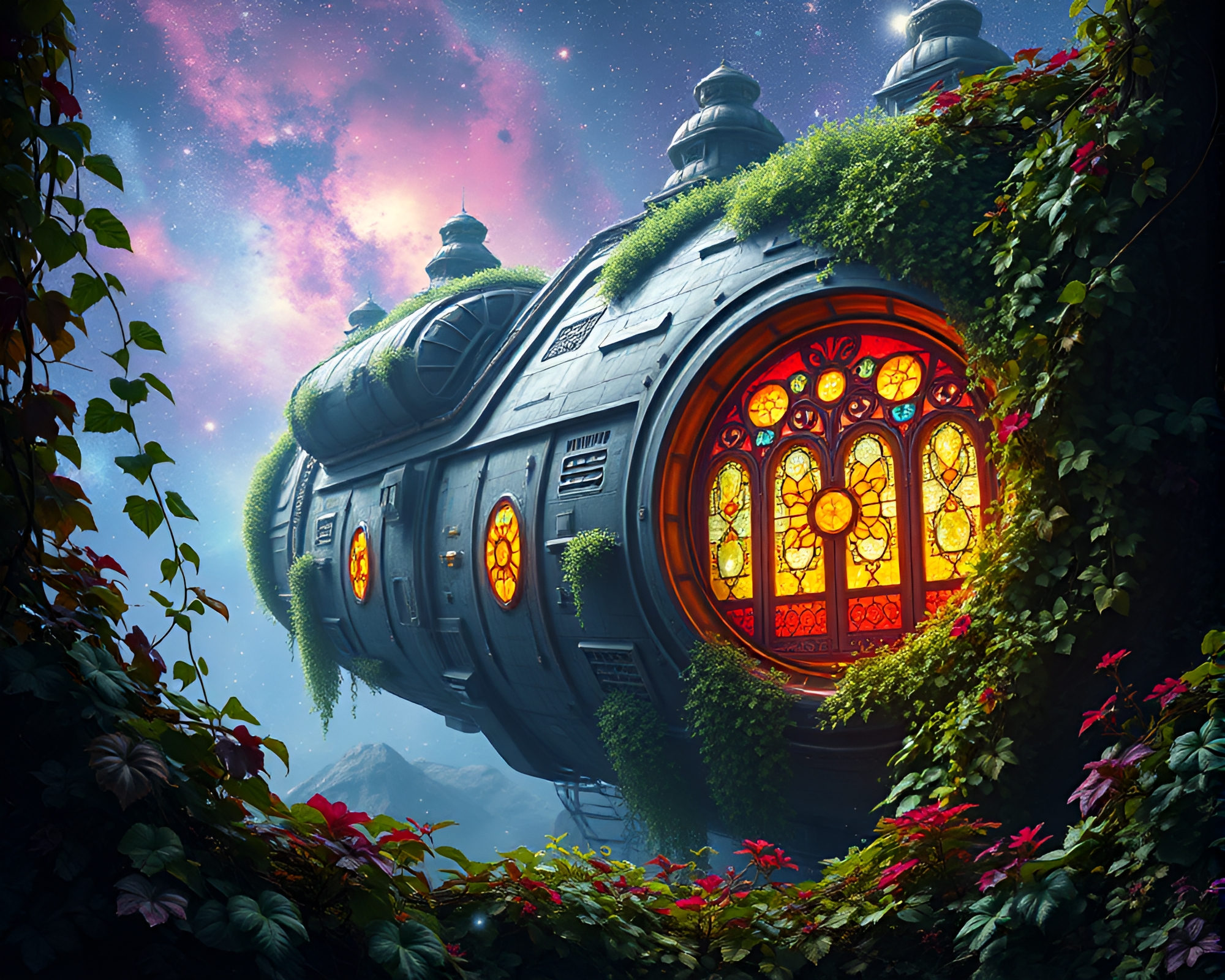 Ancient Spaceship Overgrown with Ivy and Stained Glass Windows – free AI stock image