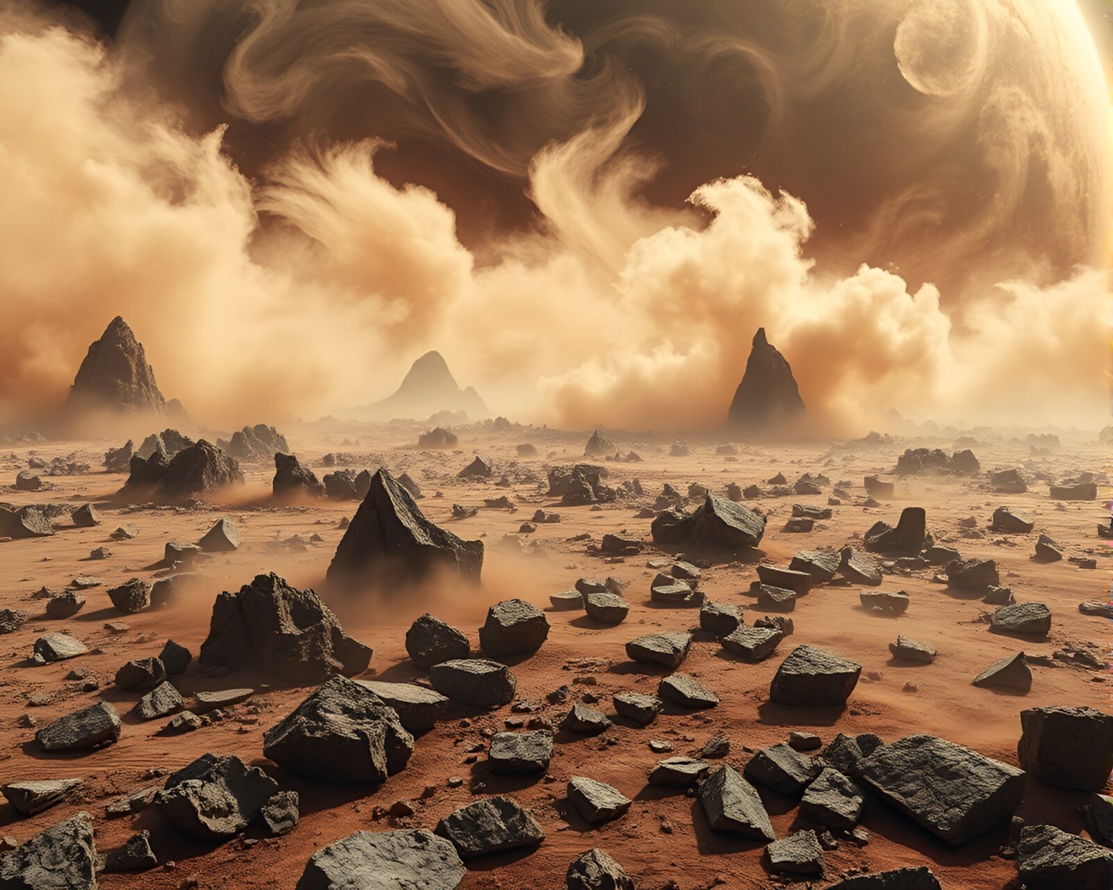 A frenetic stock photo of shattered planet surface with swirling dust clouds and jagged rock formations