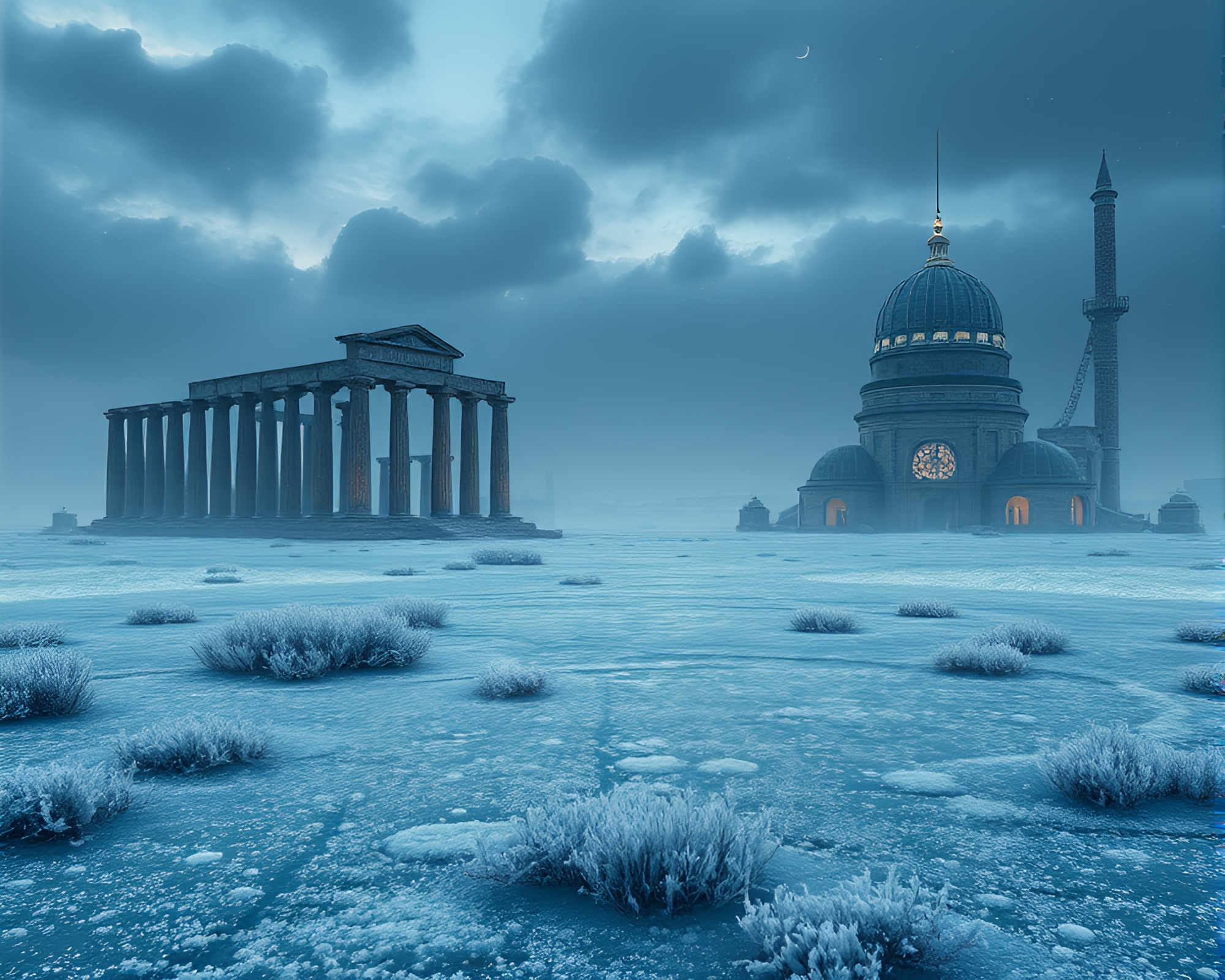 Stunning Frost Plains Blend Ancient Ruins with Futuristic Tech – free AI stock image