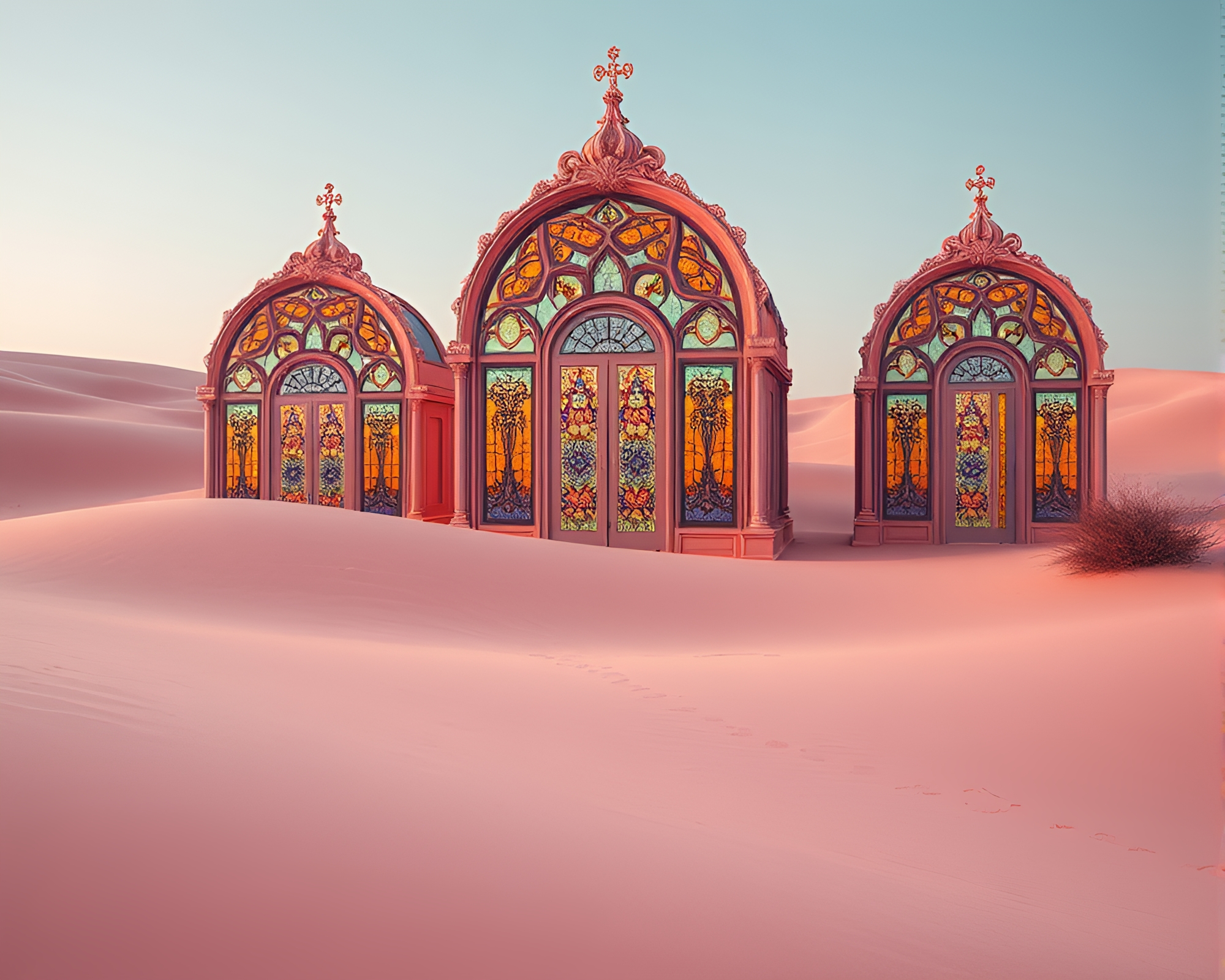 Surreal Coral Sand Dunes and Stained Glass Chambers – free AI stock image