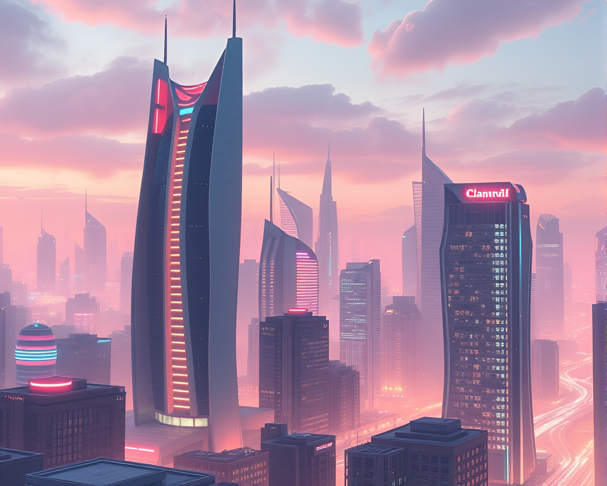 Surreal Urban Skyline with Futuristic Architecture – free AI stock image