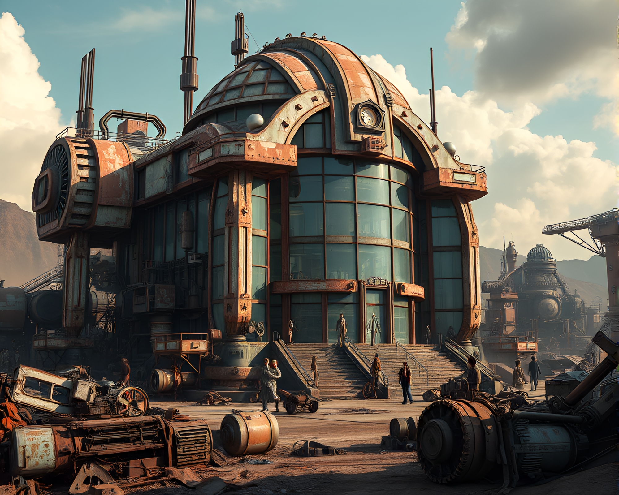 Surreal Art Deco Structure in Ruined Robotic Junkyard – free AI stock image