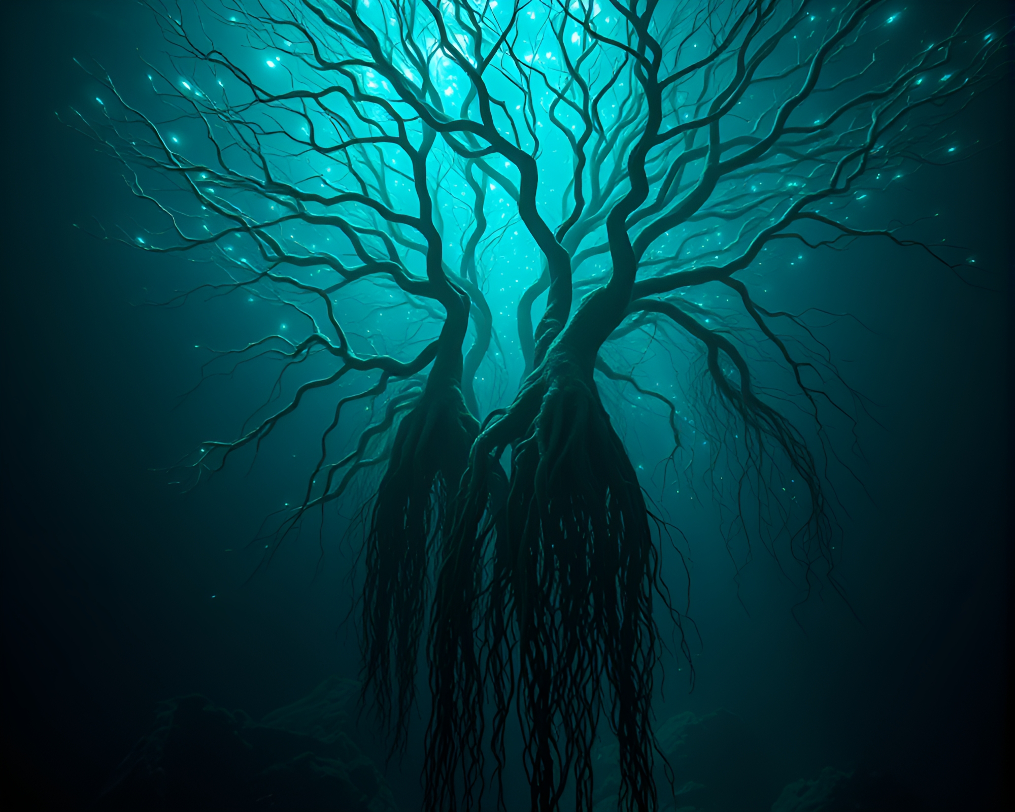 Enchanting Bioluminescent Roots Network in Surreal Underwater Scene – free AI stock image