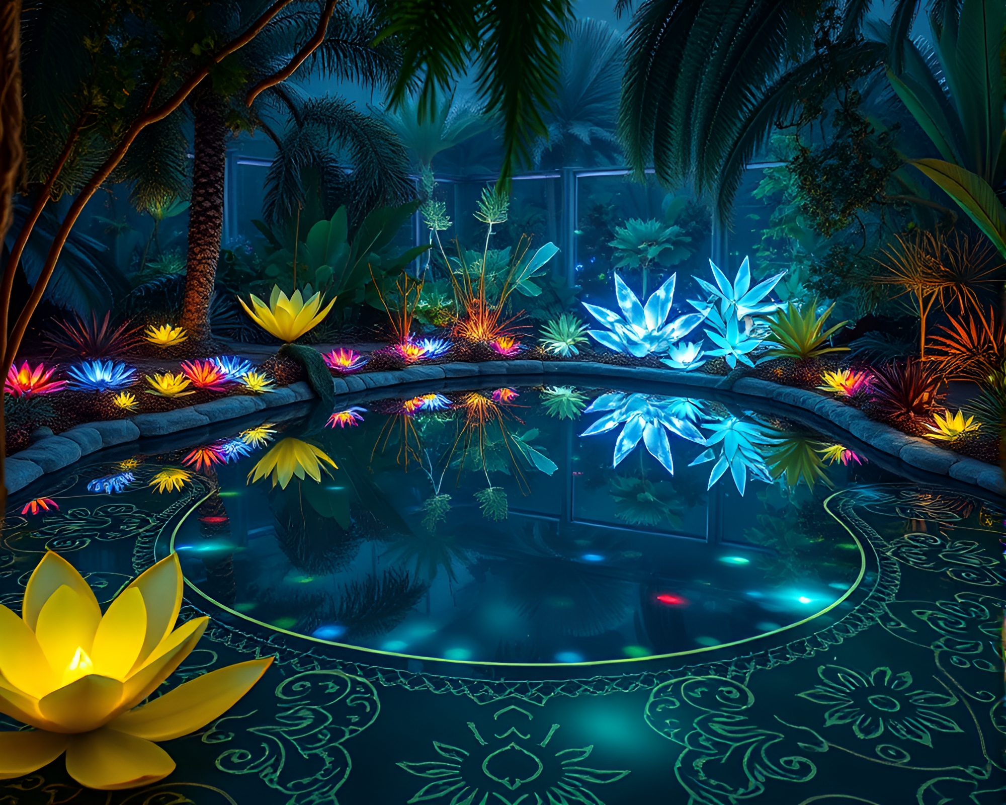 Bioluminescent Oasis: Enchanting Reflections in Mirror-Like Pool – free AI stock image