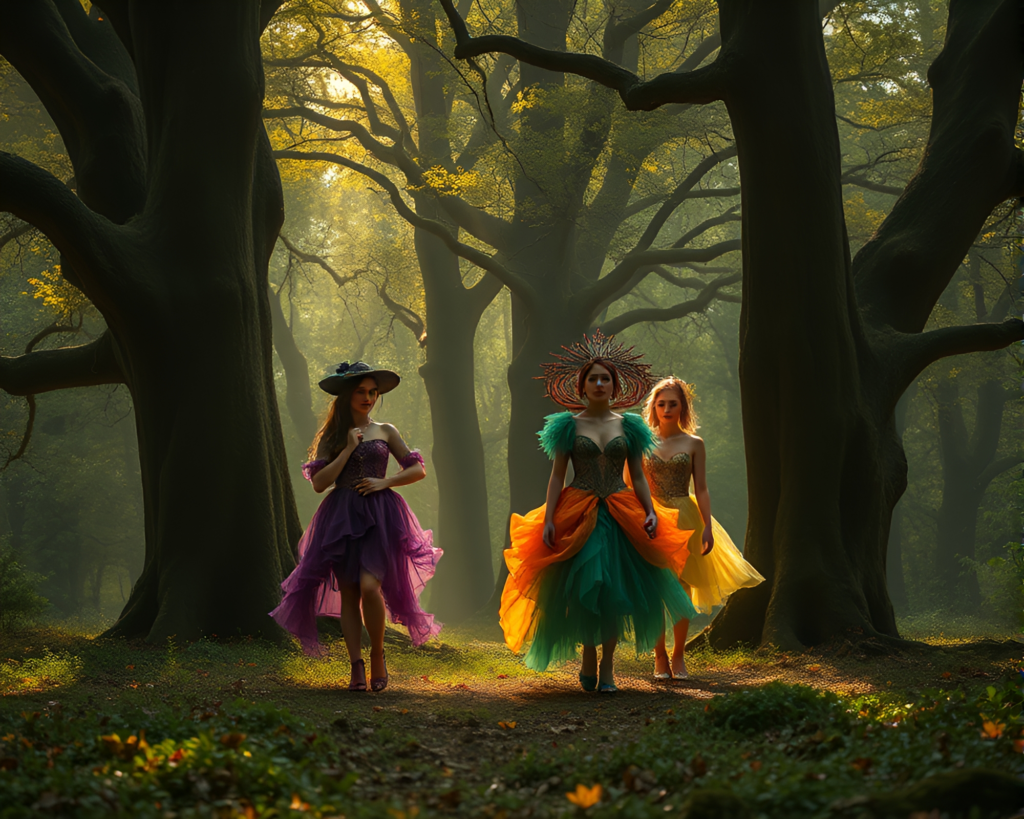 Enchanting Ethereal Figures in Spectral Oak Forest – free AI stock image
