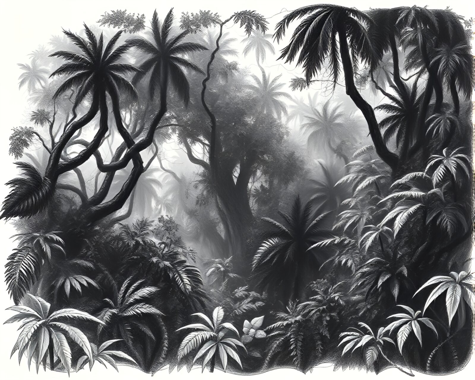 Dark jungle with spiraling branches and leaves in charcoal sketch