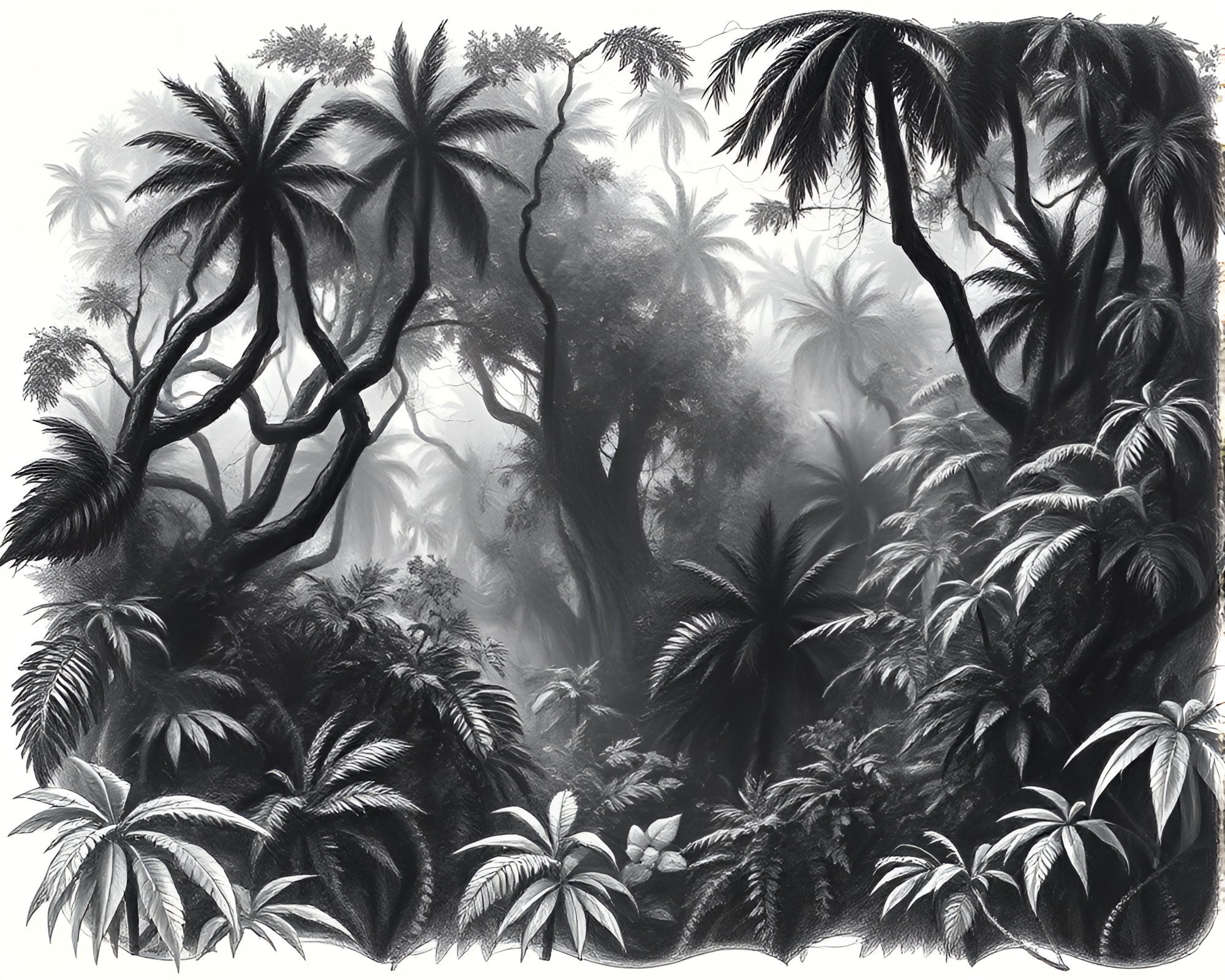 Intricate Fractal Jungle Sketch in Noir Charcoal – free AI stock image