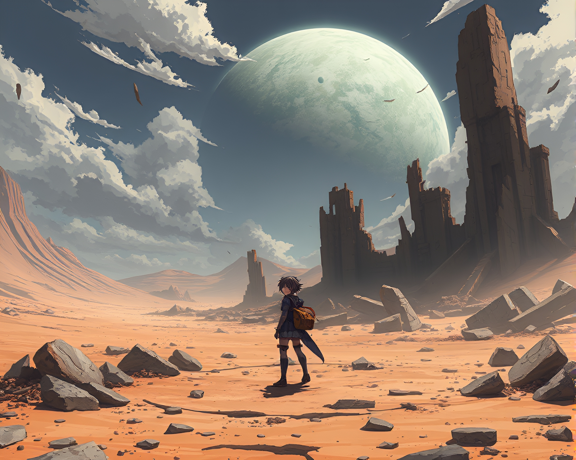 Resilient Anime Character in Windswept Post-Apocalyptic Landscape – free AI stock image