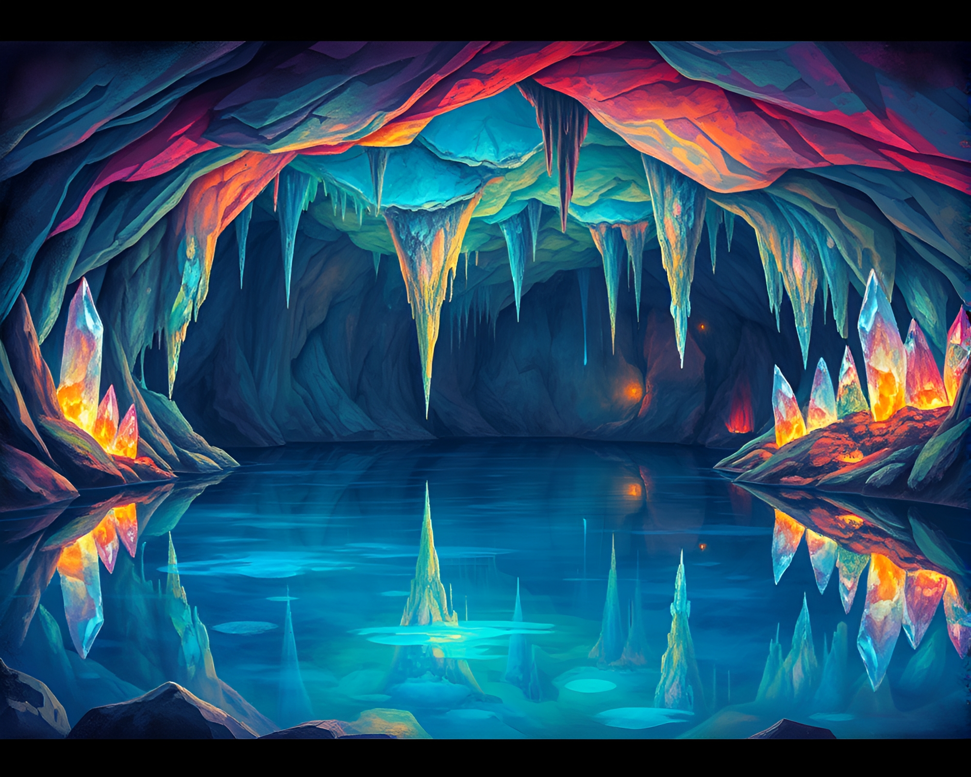 Vibrant Crystal Lake in Mesmerizing Gouache Illustration – free AI stock image
