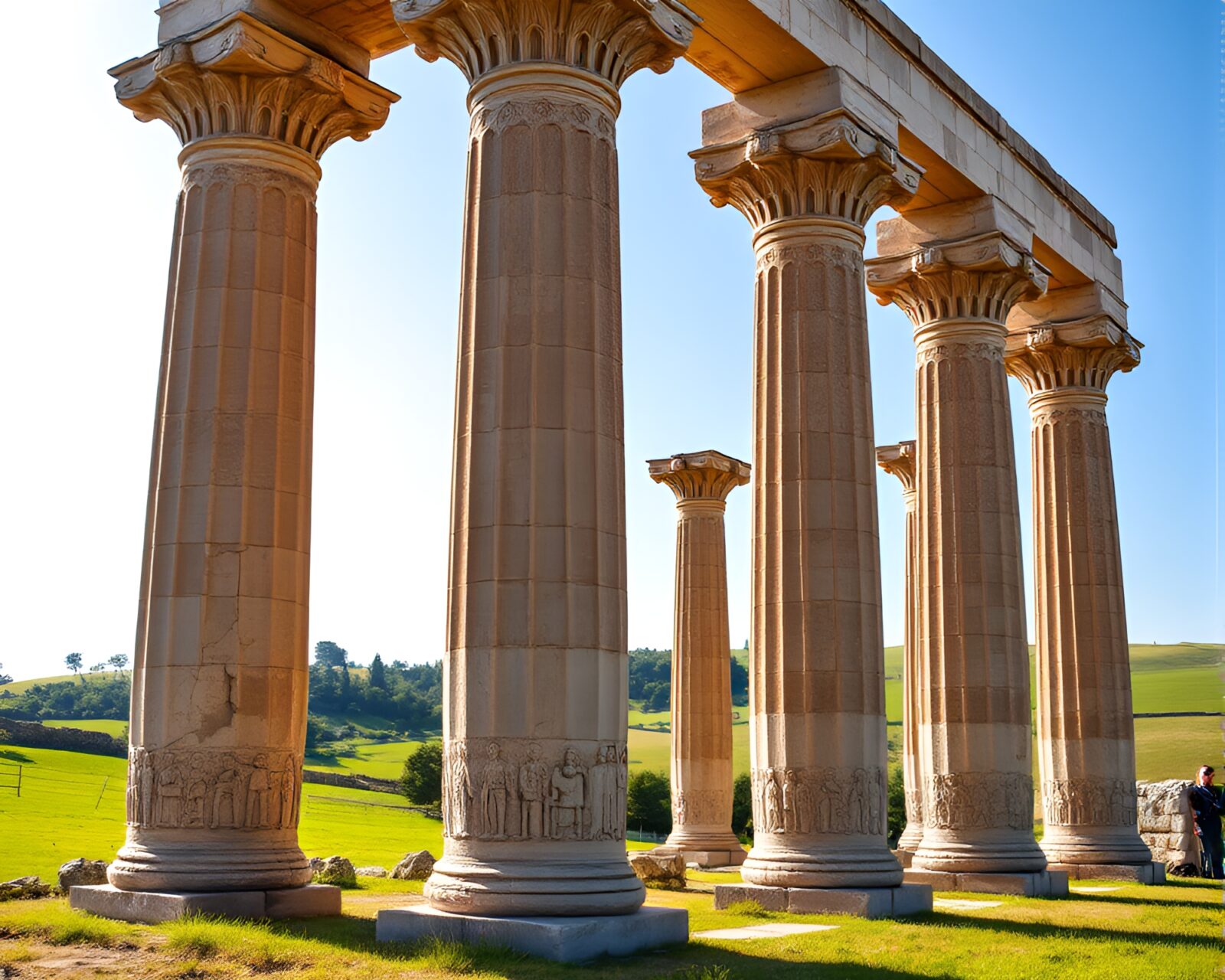 Suspended monolithic pillars with intricate carvings in serene landscape