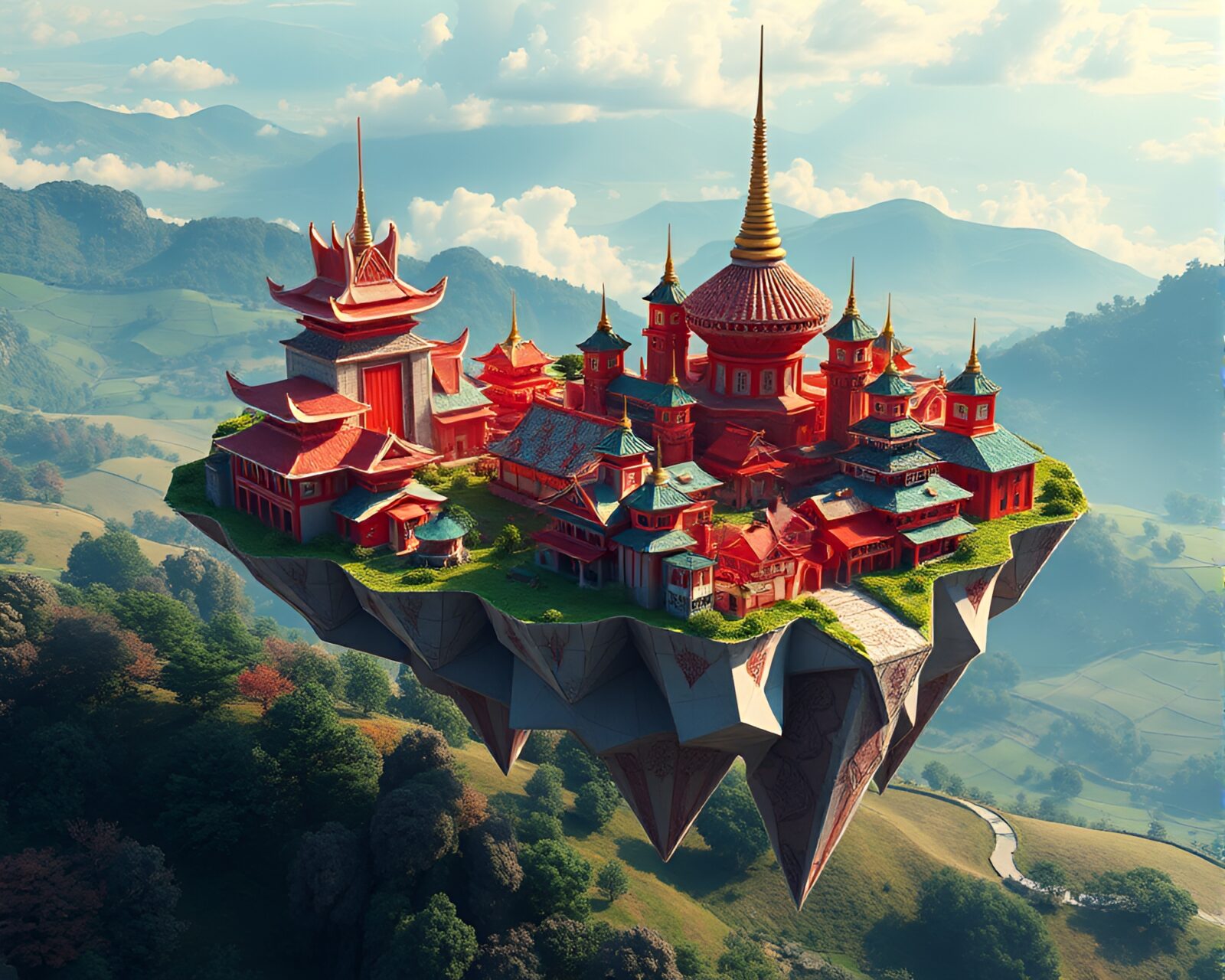 Detailed CGI Floating Origami City Against Peaceful Background