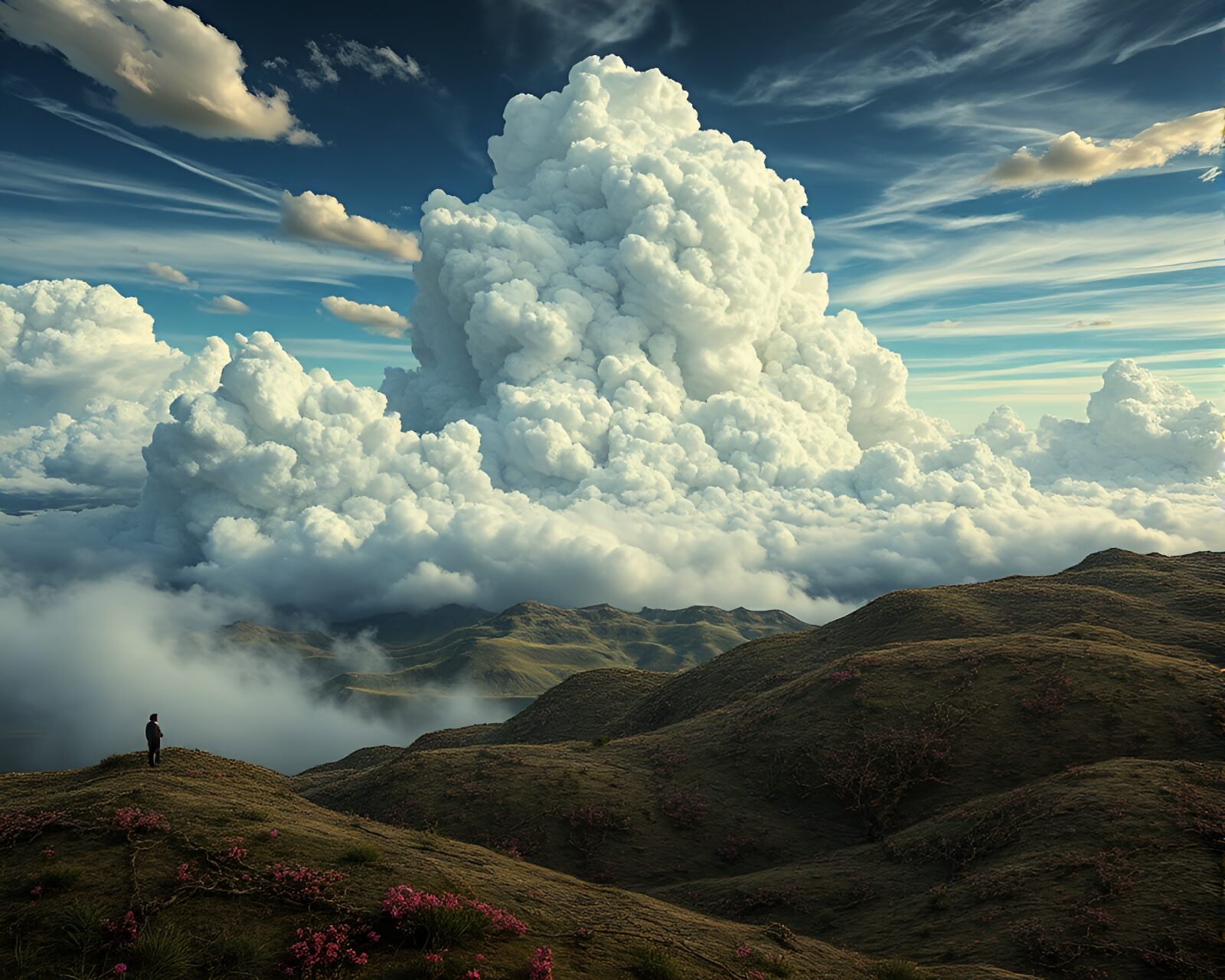 Mysterious iron-cloud sky looms above intricate embroidered landscape