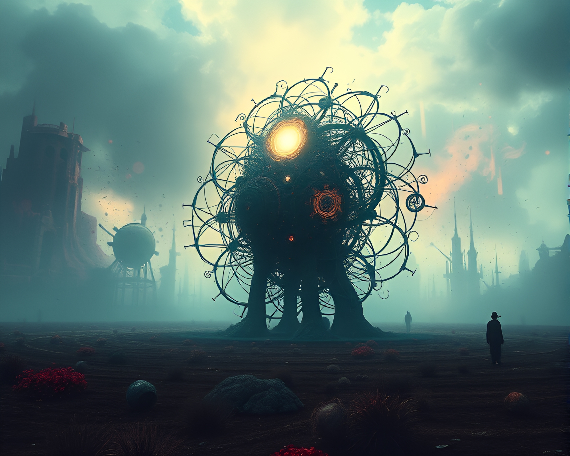 Spectral Kinetic Sculpture Shines in Chaotic Battlefield Landscape – free AI stock image