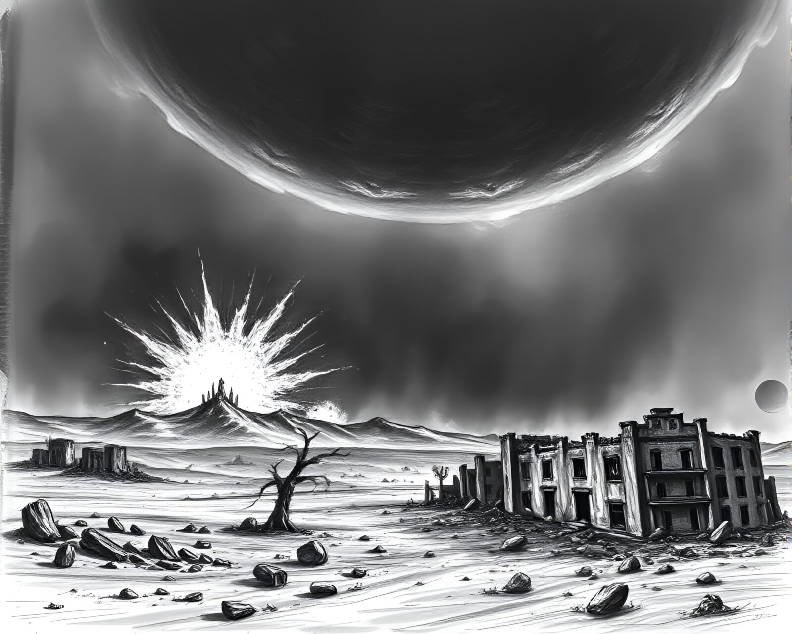Charcoal sketch of orange-red sunset over crumbling skyline