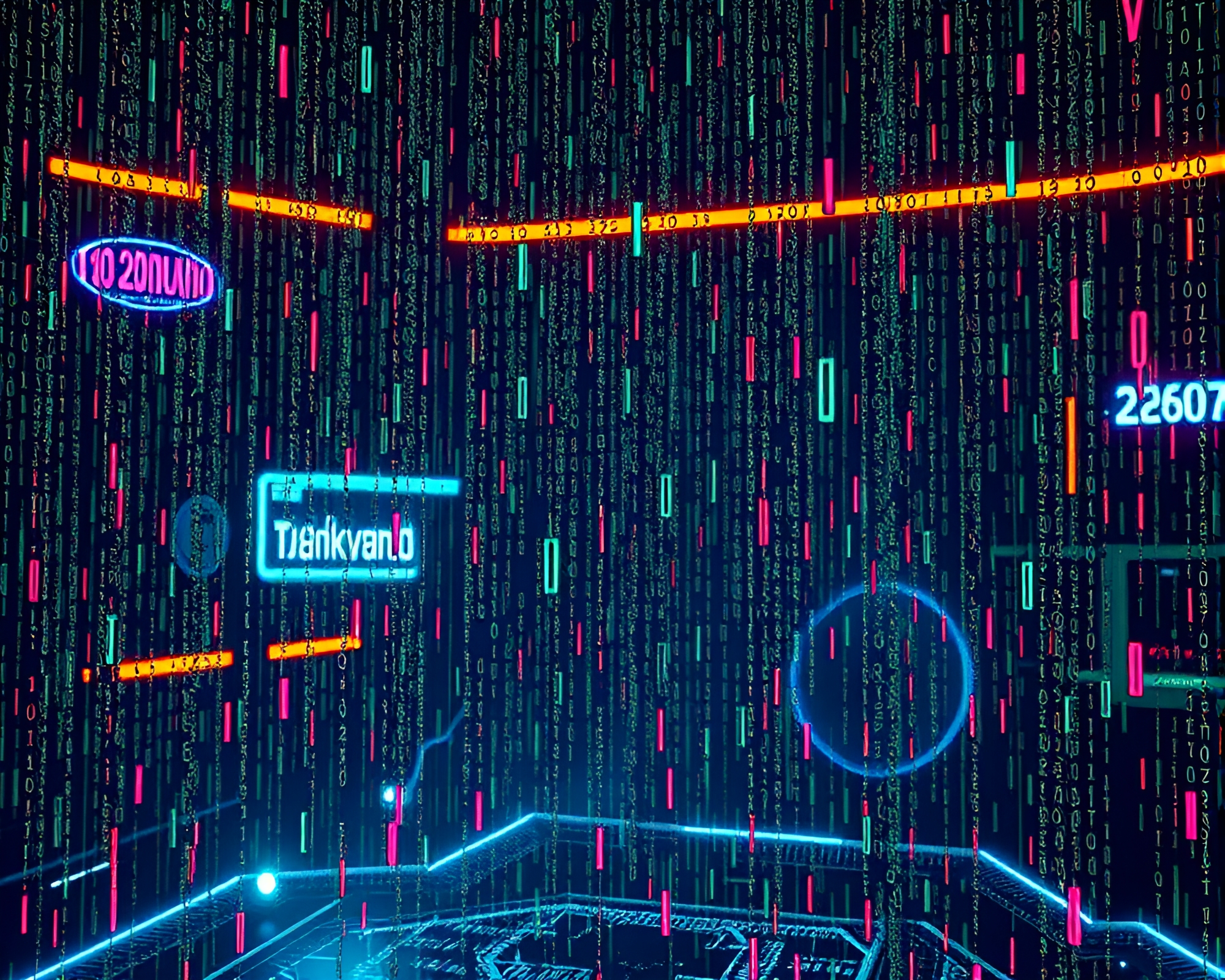 Digital Rainfall: Binary Code Cascade in Cyberpunk Static – free AI stock image