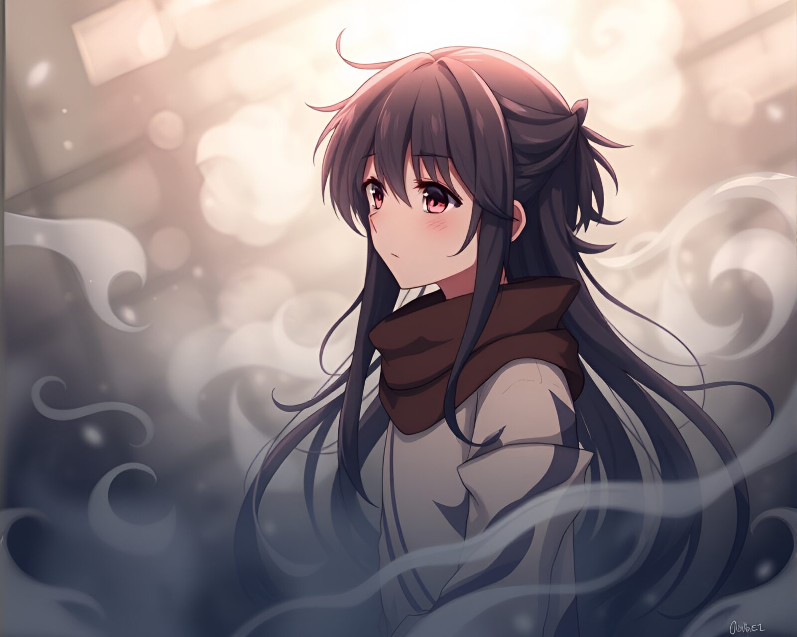 A wistful anime character standing alone on a misty hill