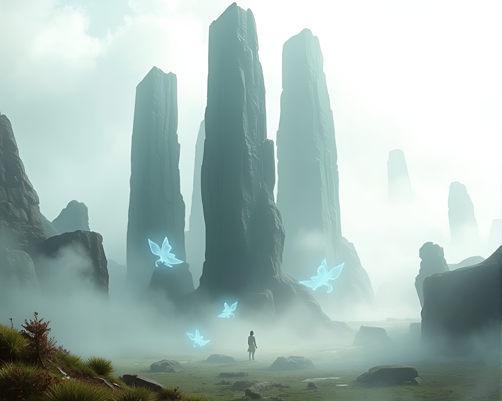 Majestic Monolithic Pillars amid Playful Spirits – free AI stock image