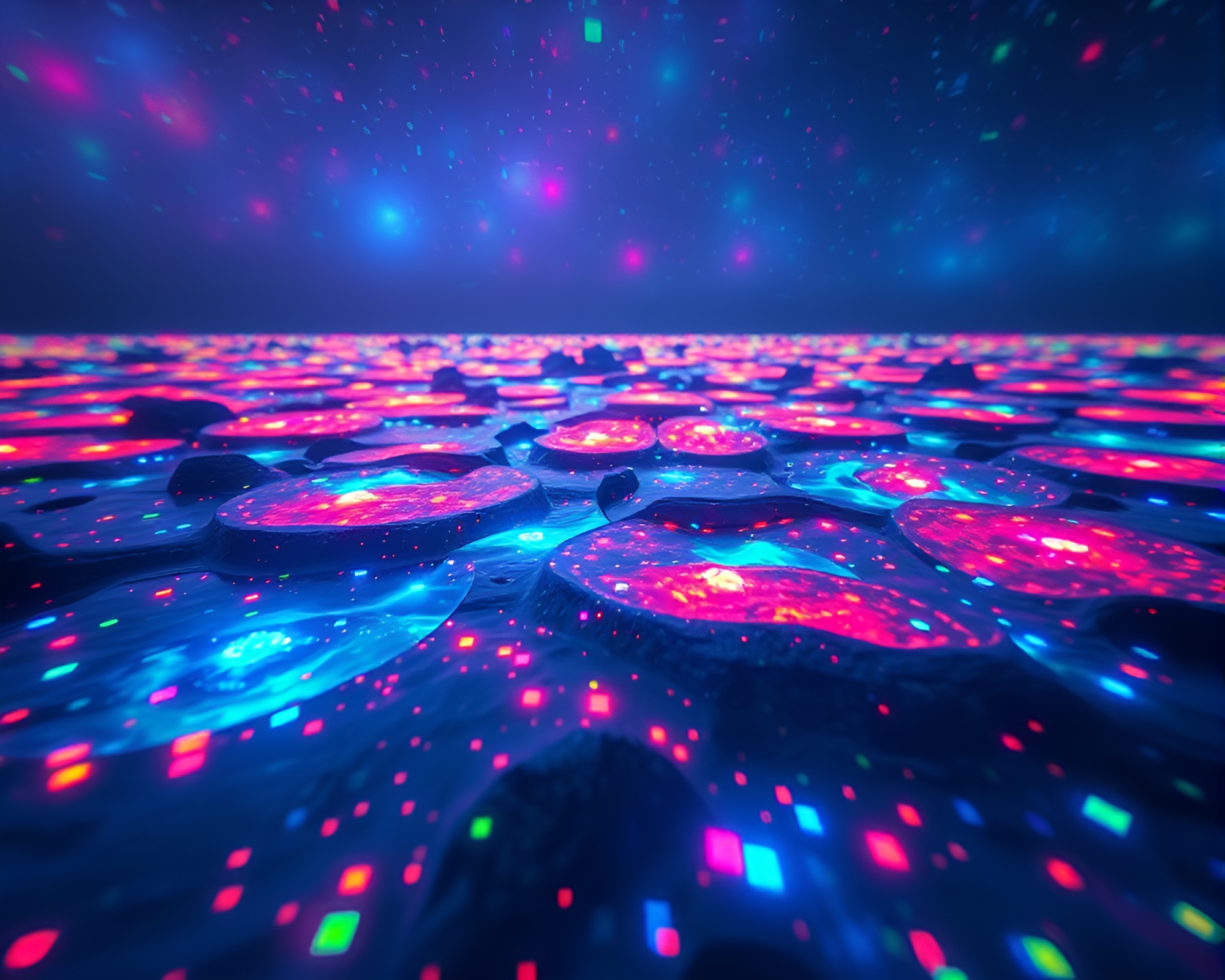Surreal Bioluminescent Tide Pools Illuminated by Glitch Art – free AI stock image