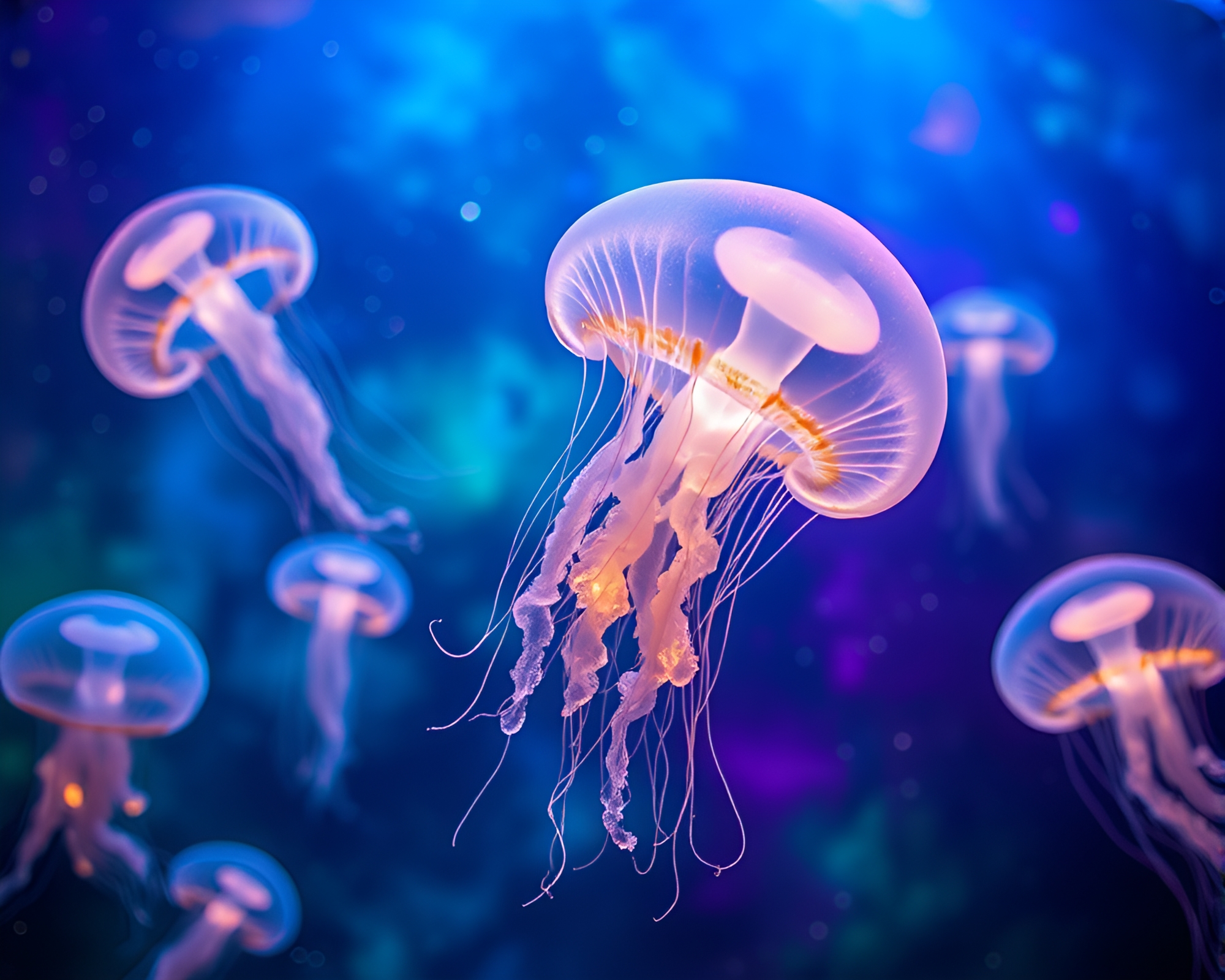 Luminescent Jellyfish Dance Through Cosmic Stained Glass Sky – free AI stock image