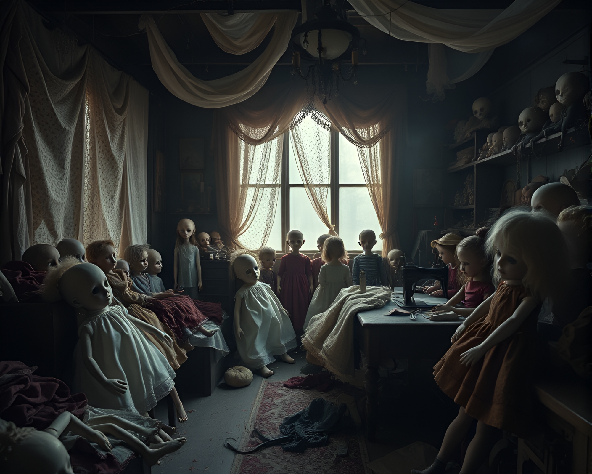 Eerie Macabre Doll Workshop Invokes Haunting Nostalgia – free AI stock image