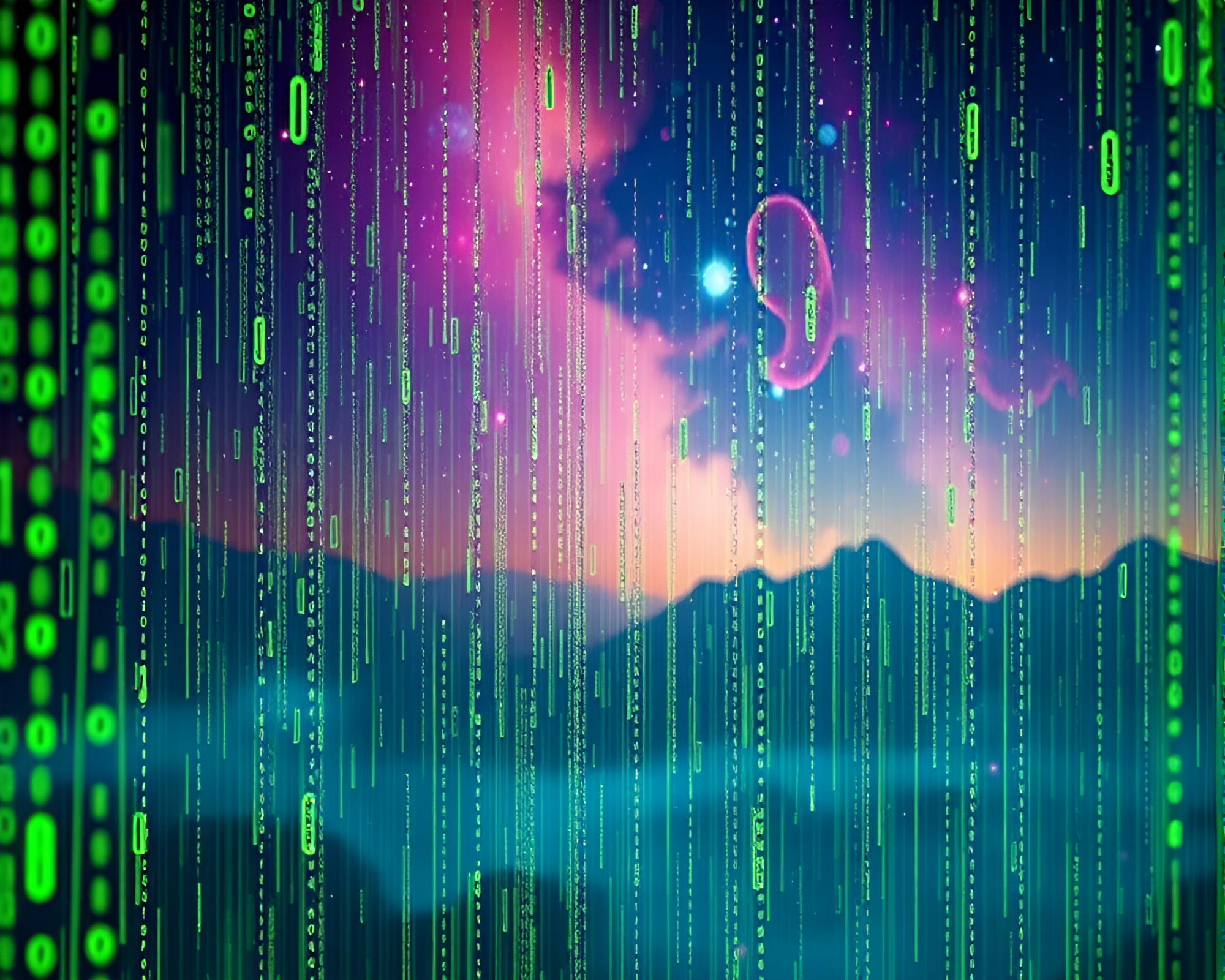 Cosmic Binary Code Rain Creates Surreal Futuristic Atmosphere – free AI stock image